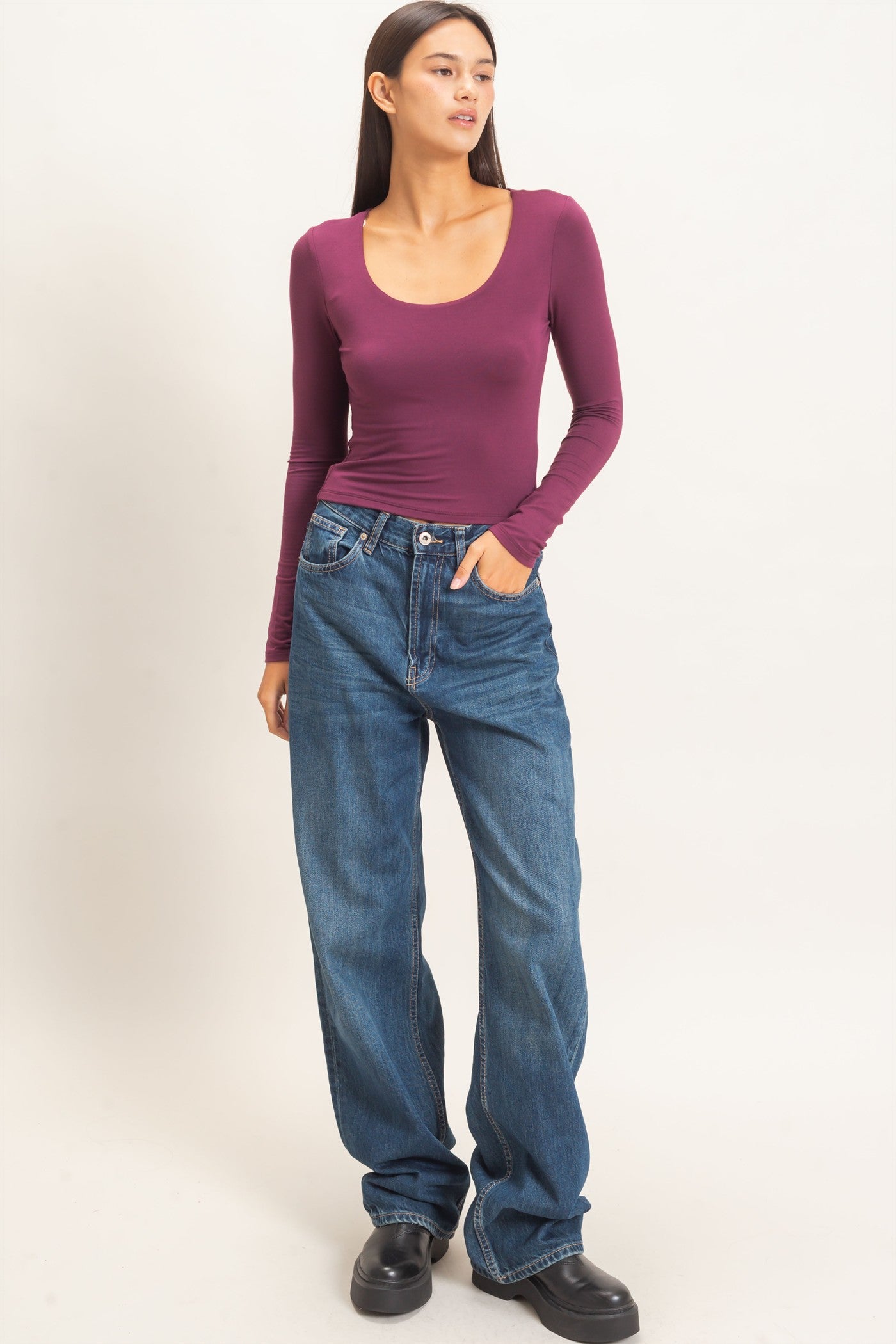 Wholesale Scoop Neck Long Sleeve Top Clothing Tops DZ26E250 DARK CHERRY DOUBLE ZERO