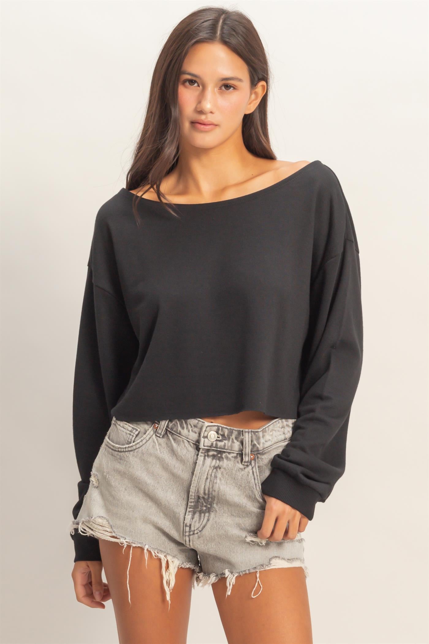 Wholesale Casually Cute Boat Neck Long Sleeve Top Clothing Tops DZ25C023 BLACK DOUBLE ZERO