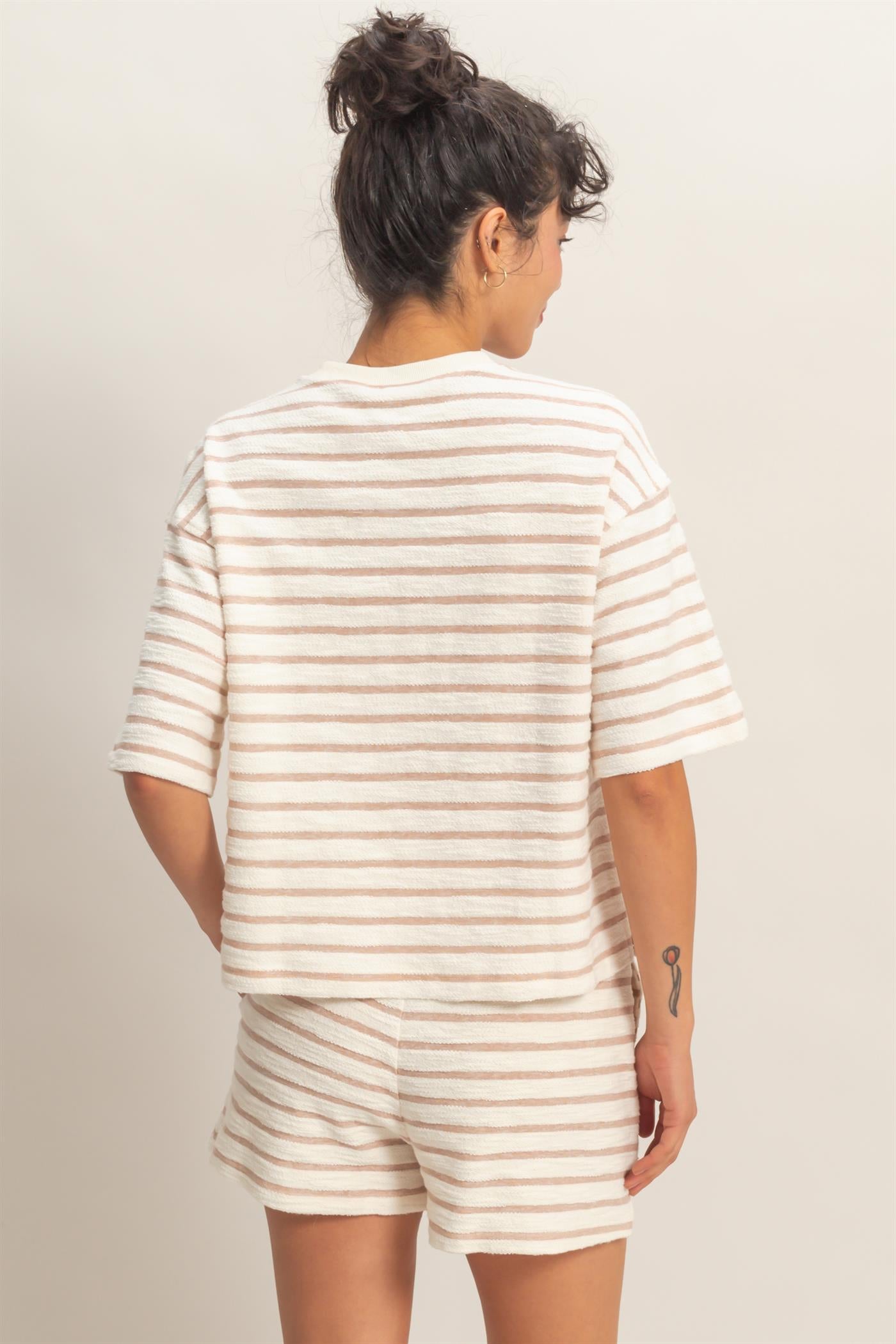 Wholesale Striped Short Sleeve Terry Crew Neck Top Clothing Tops DZ26A887 TAUPE DOUBLE ZERO
