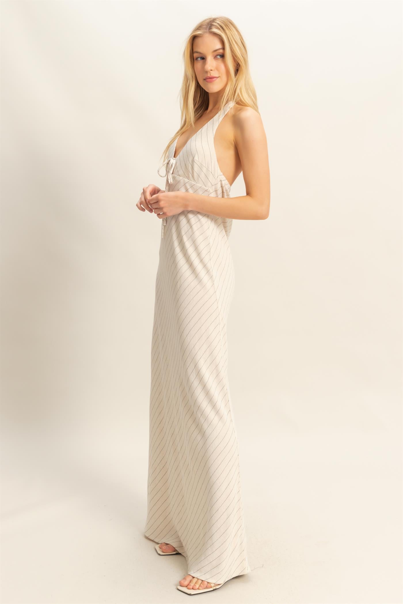 Wholesale Striped Halter Neck Linen Maxi Dress Dresses HF25C373 OATMEAL HYFVE