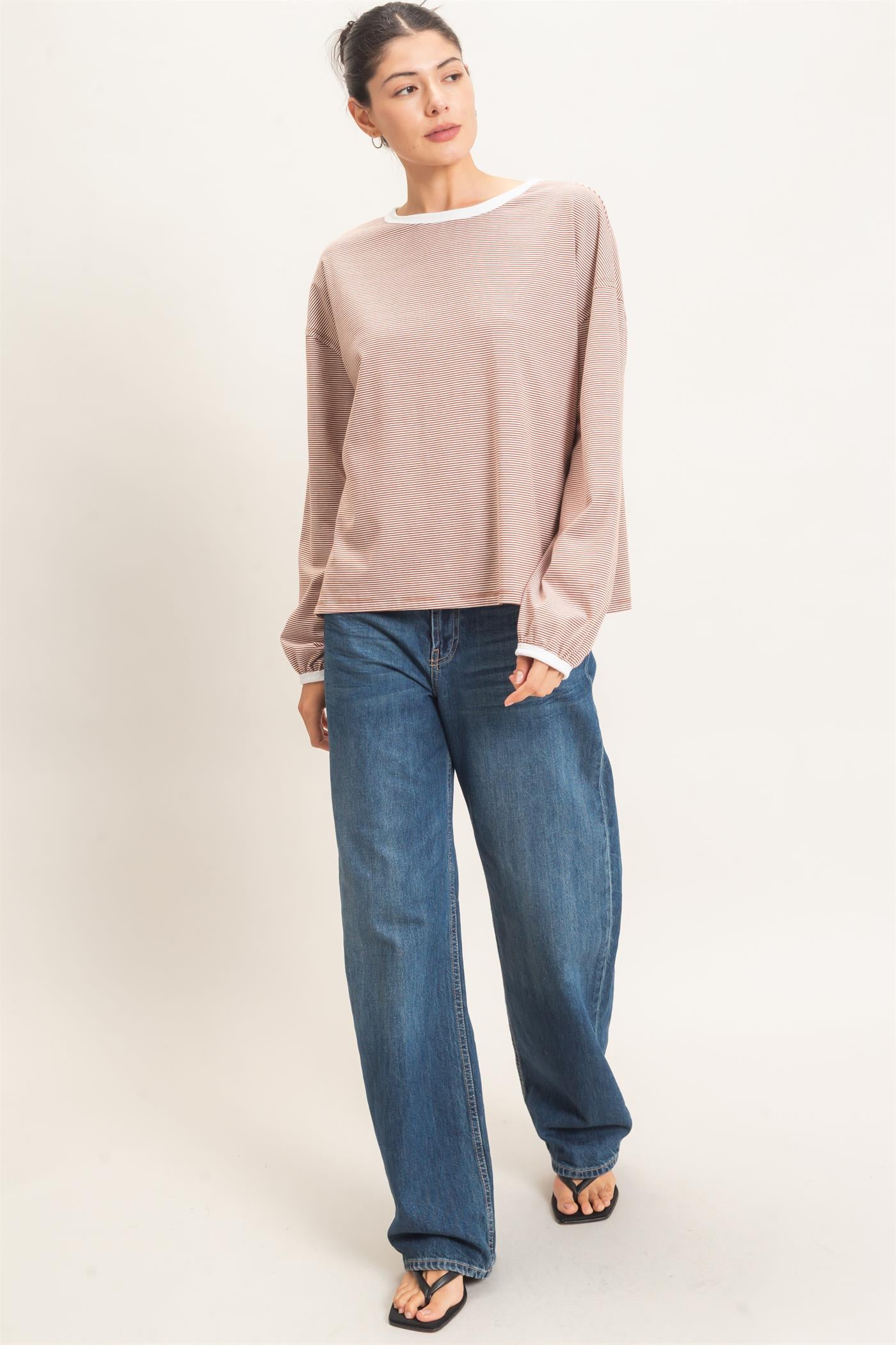 Wholesale Striped Boat Neck Long Sleeve Top Clothing Tops HF26E674 BRICK HYFVE