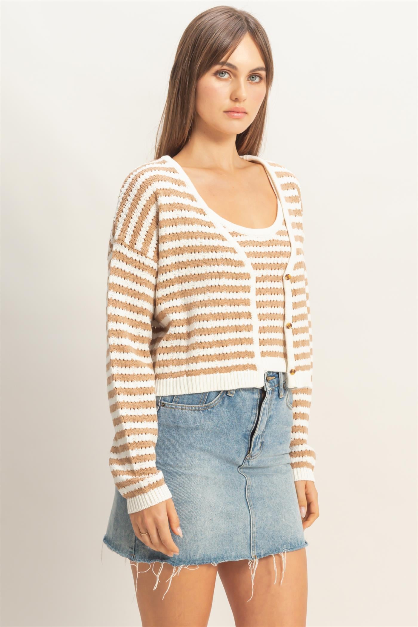 Wholesale Striped V-Neck Cardigan Cardigans HF26A174 TAUPE HYFVE