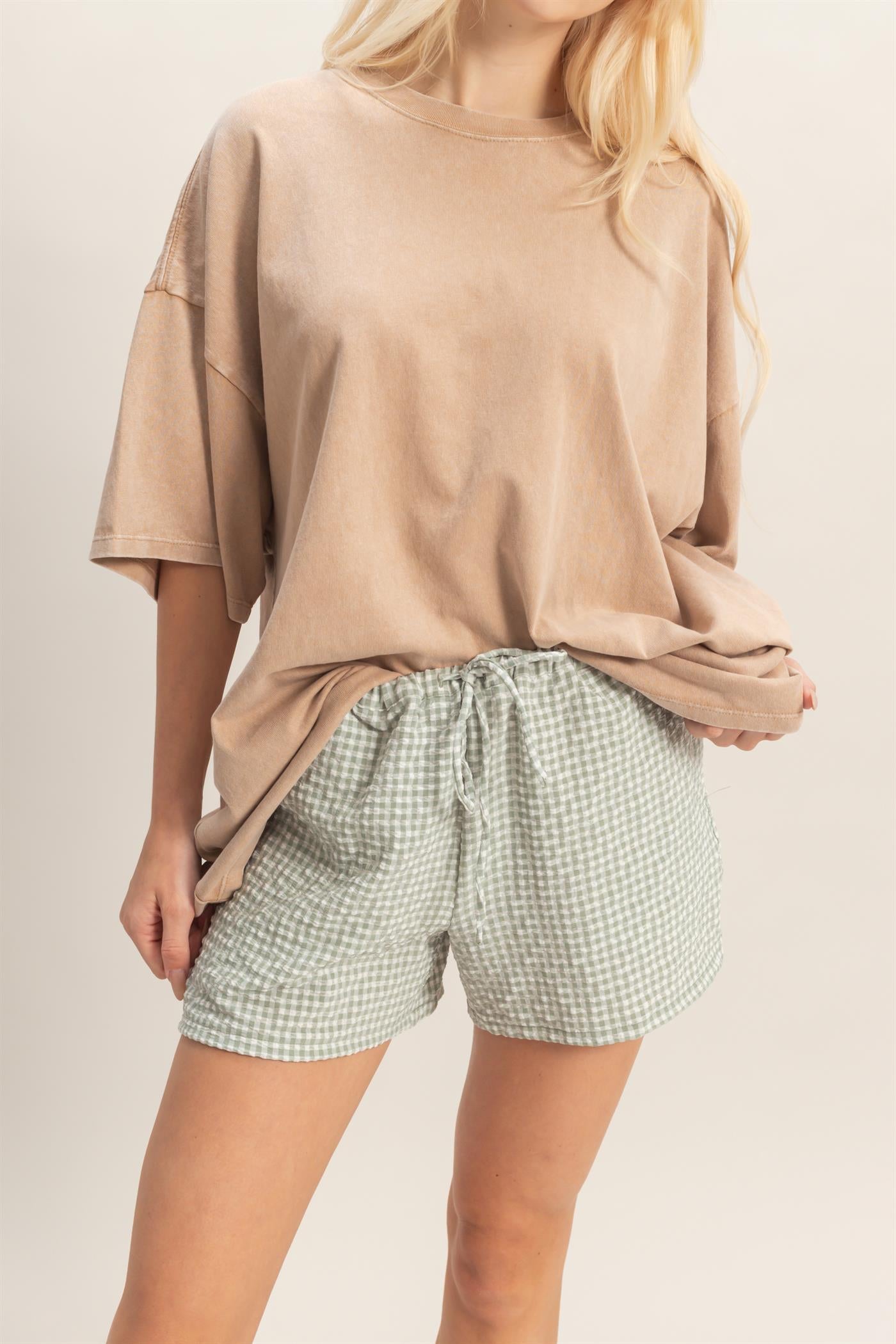 Wholesale Gingham Relaxed Fit Shorts Shorts DZ26A929 SAGE GREEN DOUBLE ZERO