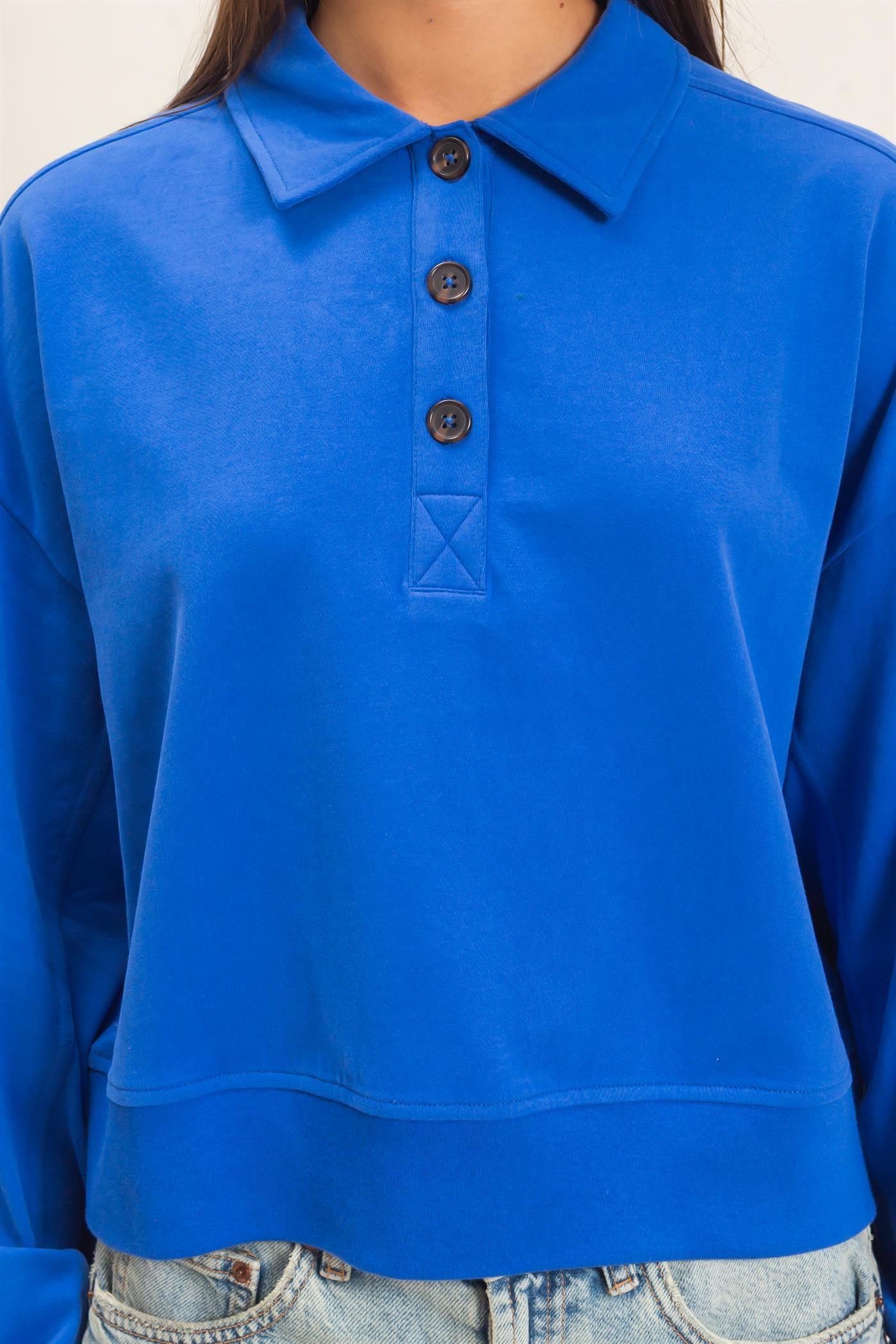 Wholesale Washed Button-Front Collared Sweatshirt Sweatshirts DZ26E390 COBALT DOUBLE ZERO