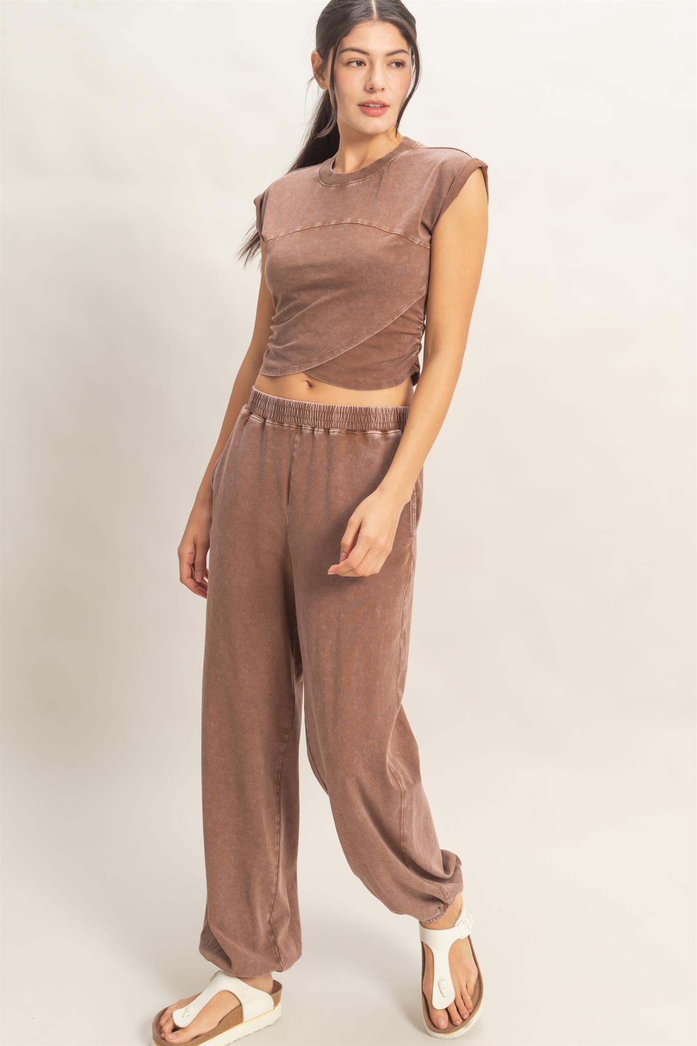 Wholesale Rolled Sleeve Wrap-Front Crop Top And Jogger Set Clothing DZ26A172-SET CHOCOLATE DOUBLE ZERO