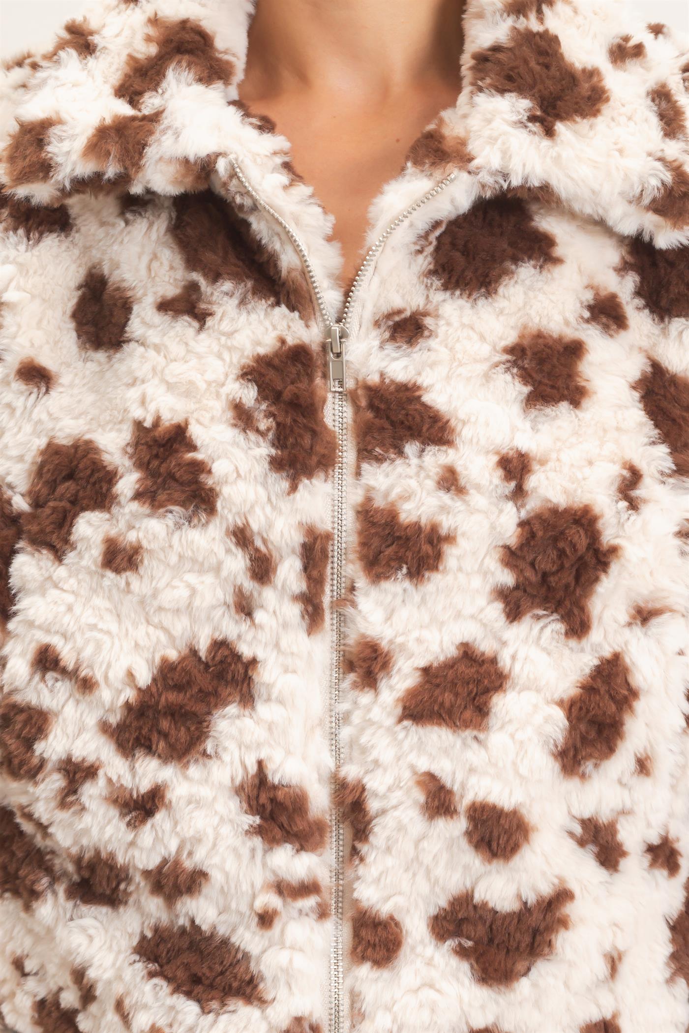 Wholesale Cow Print Faux Fur Zip-Up Jacket Coats & Jackets HF26F056 BROWN HYFVE