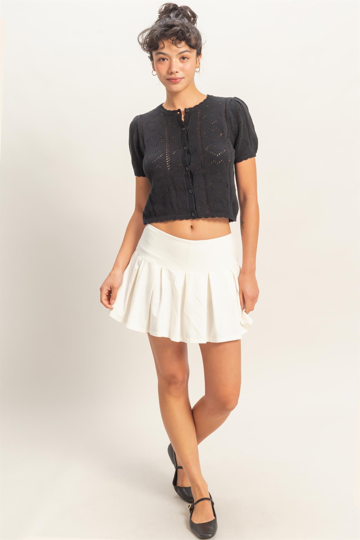 Wholesale Pointelle Knit Puff Sleeve Button Up Cardigan Cardigans DZ26A425 BLACK HYFVE