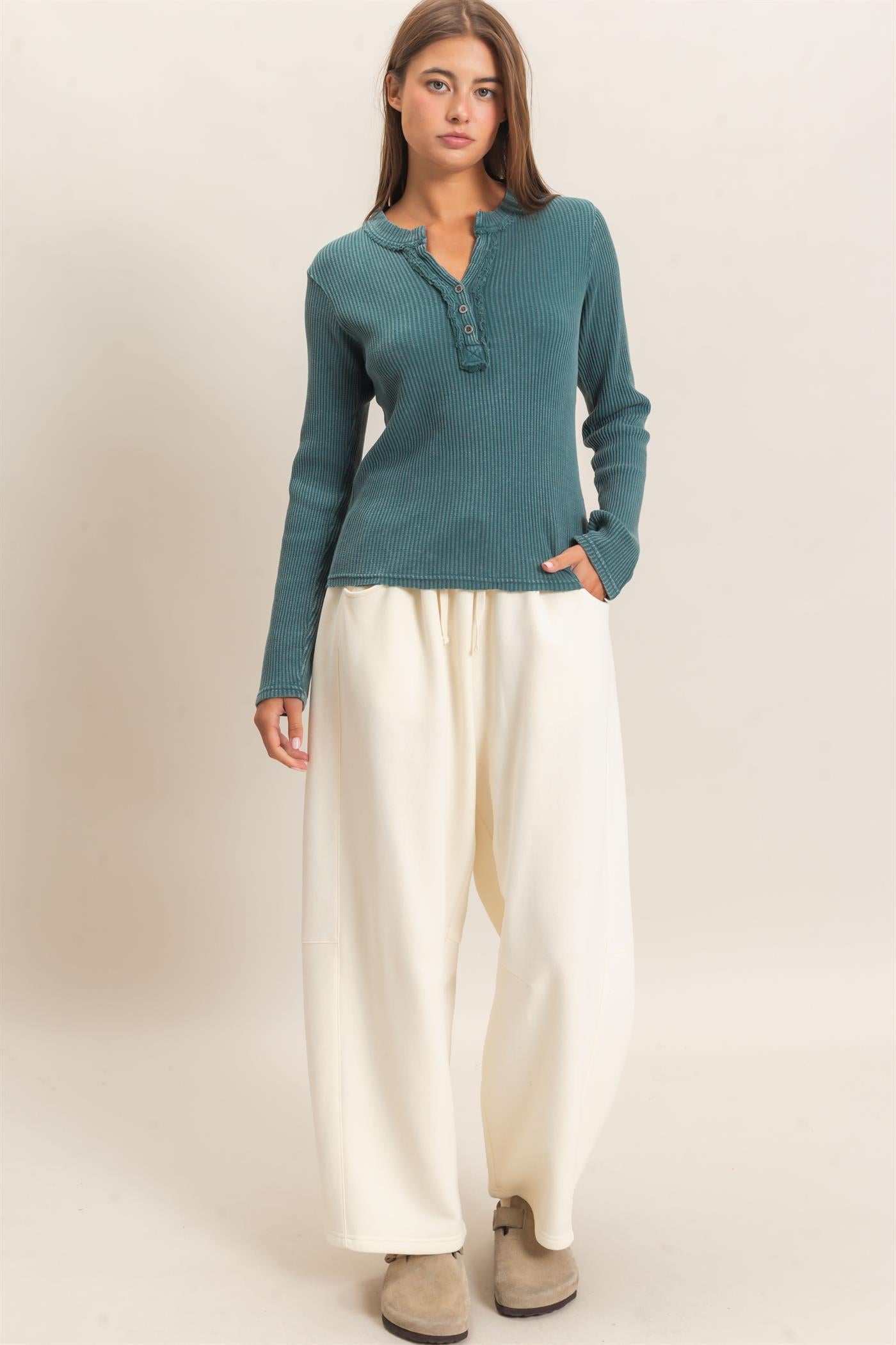 Wholesale Mineral Wash Waffle Henley Long Sleeve Top Clothing Tops DZ26E243 DARK TEAL DOUBLE ZERO