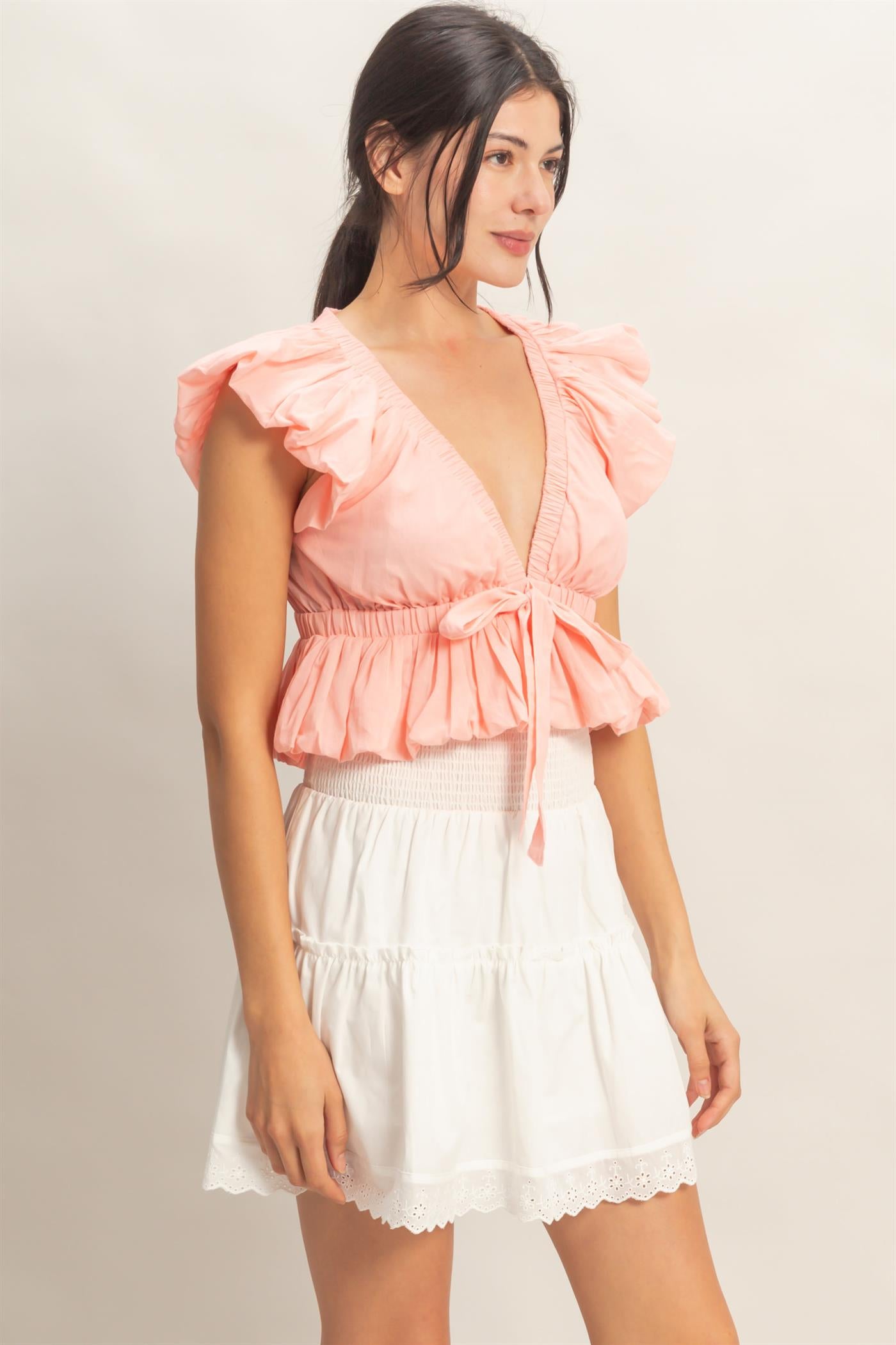 Wholesale Ruched V-Neck Puff Sleeve Top Clothing Tops HF26A122 LIGHT PINK HYFVE