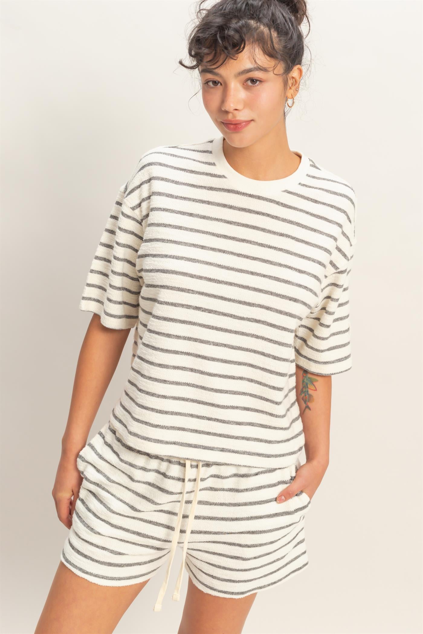 Wholesale Striped Short Sleeve Terry Crew Neck Top Clothing Tops DZ26A887 BLACK DOUBLE ZERO