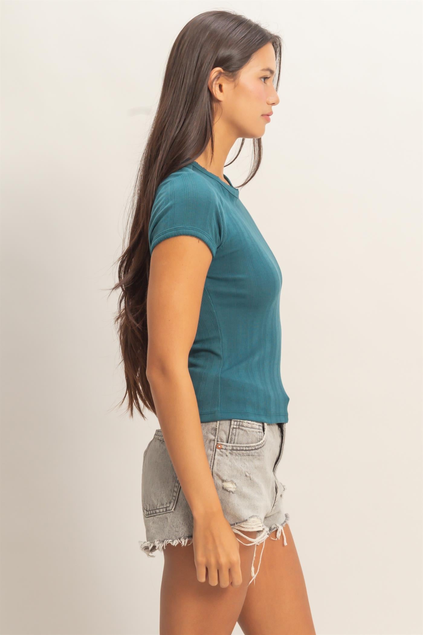 Wholesale Pointelle Short Sleeve Top Clothing Tops DZ26C285 DARK TEAL DOUBLE ZERO