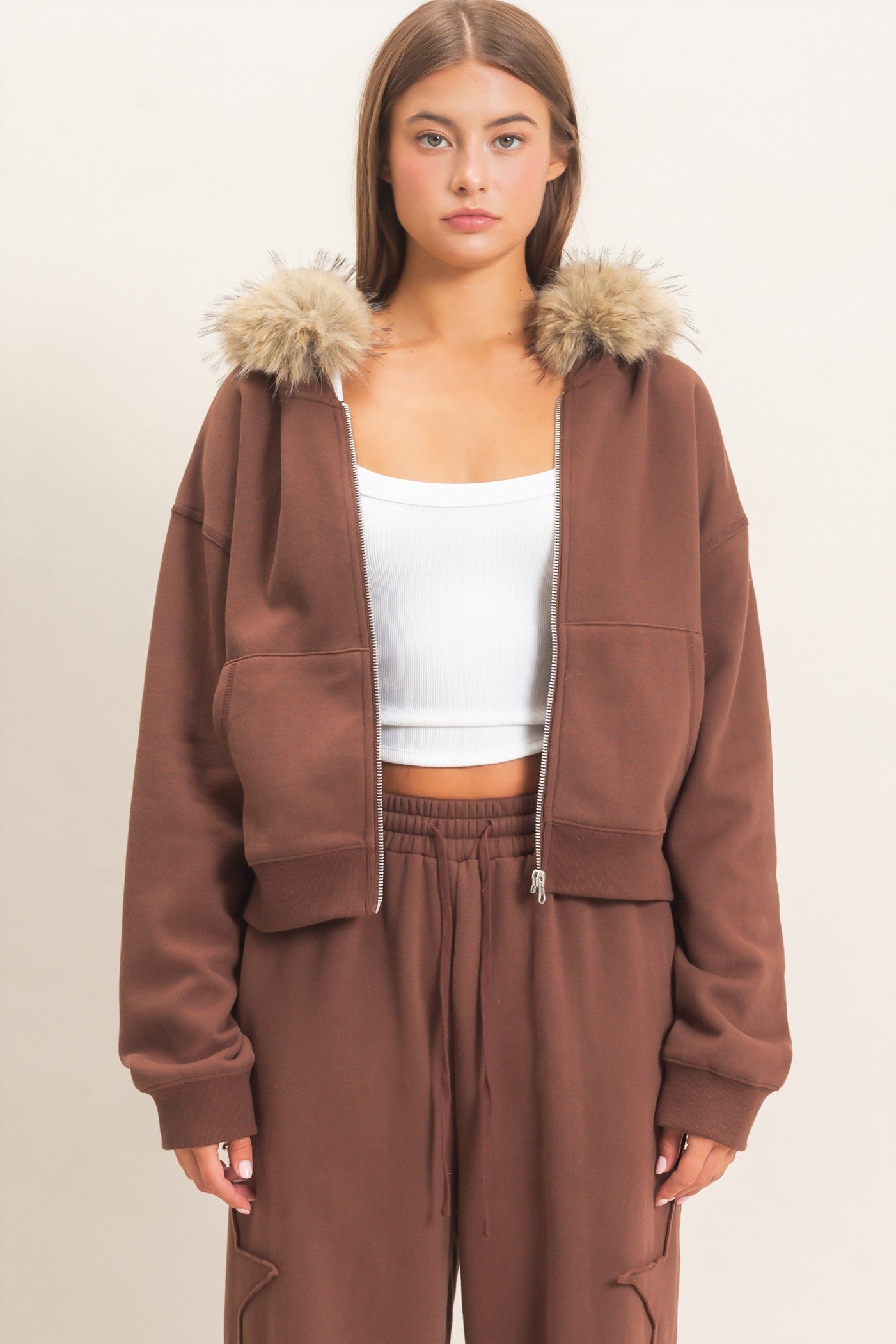 Wholesale Detachable Fur Zip Up Hoodie Hoodies DZ26F396 DARK BROWN DOUBLE ZERO