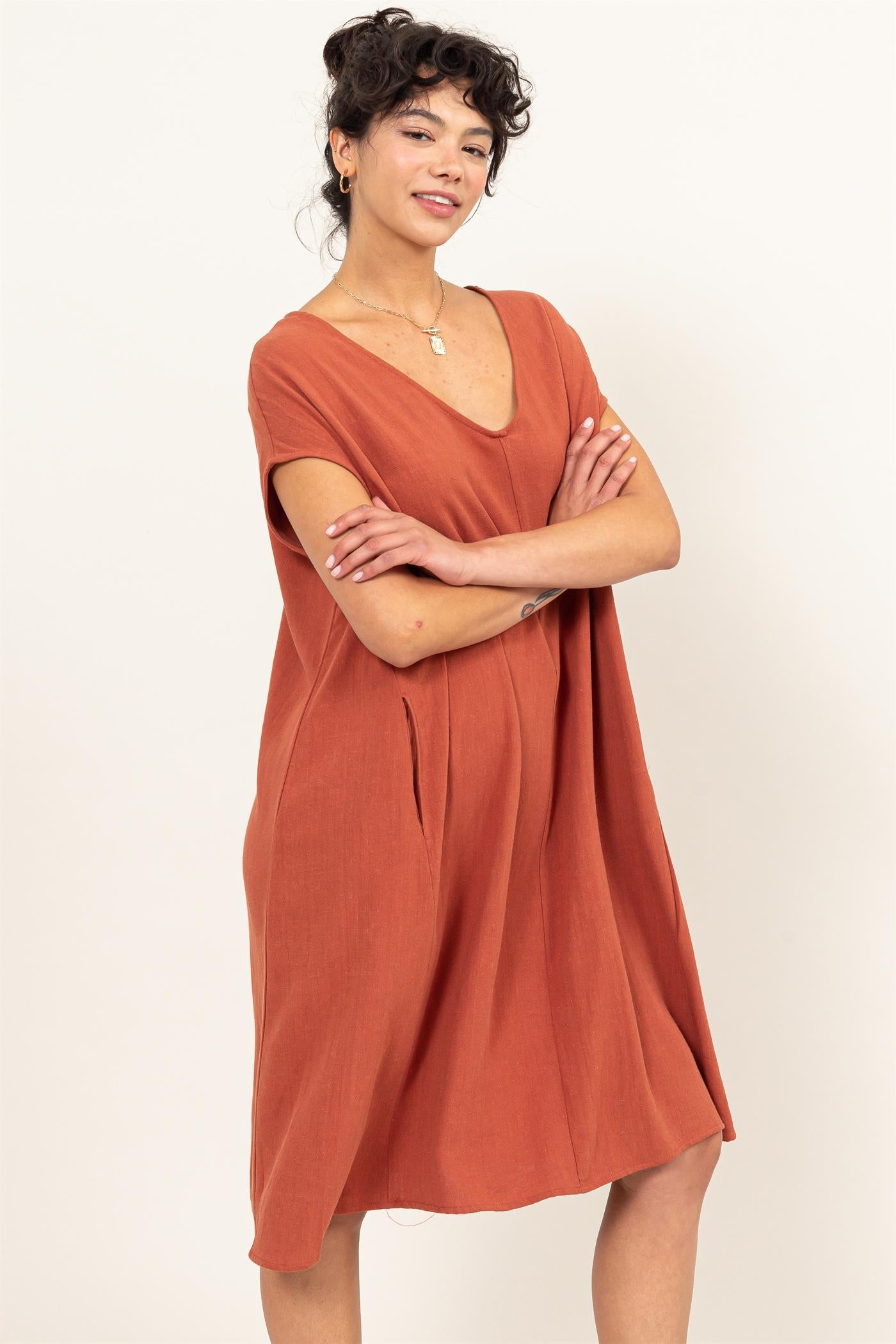 Wholesale V-Neck Oversized Linen Midi Dress Dresses DZ23E033-D BAKED CLAY DOUBLE ZERO
