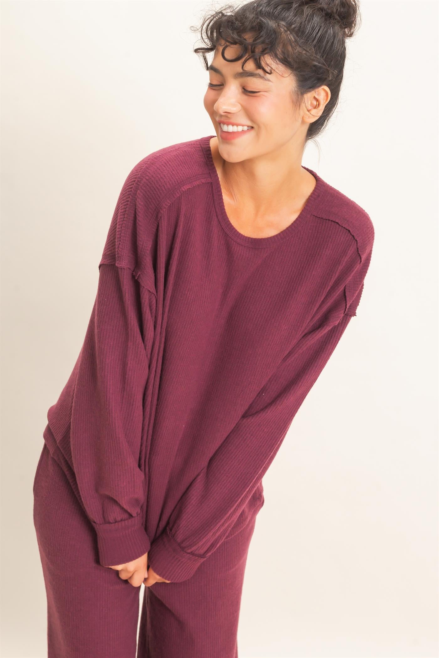 Wholesale Raw Edge Waffle Sweatshirt Sweatshirts DZ26F081 DARK CHERRY HYFVE