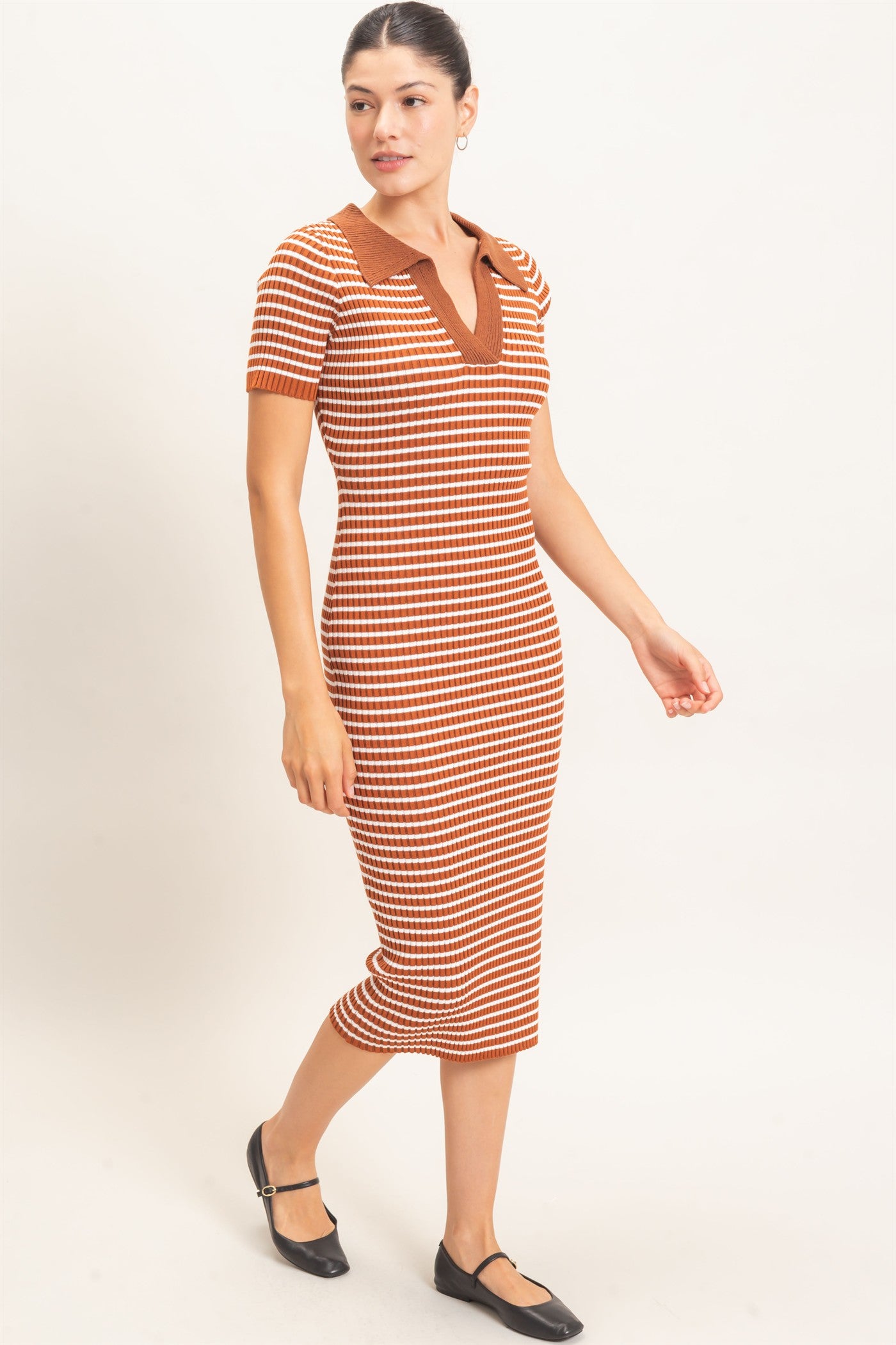 Wholesale Ribbed Collared Midi Dress Dresses HF26E216 BROWN HYFVE
