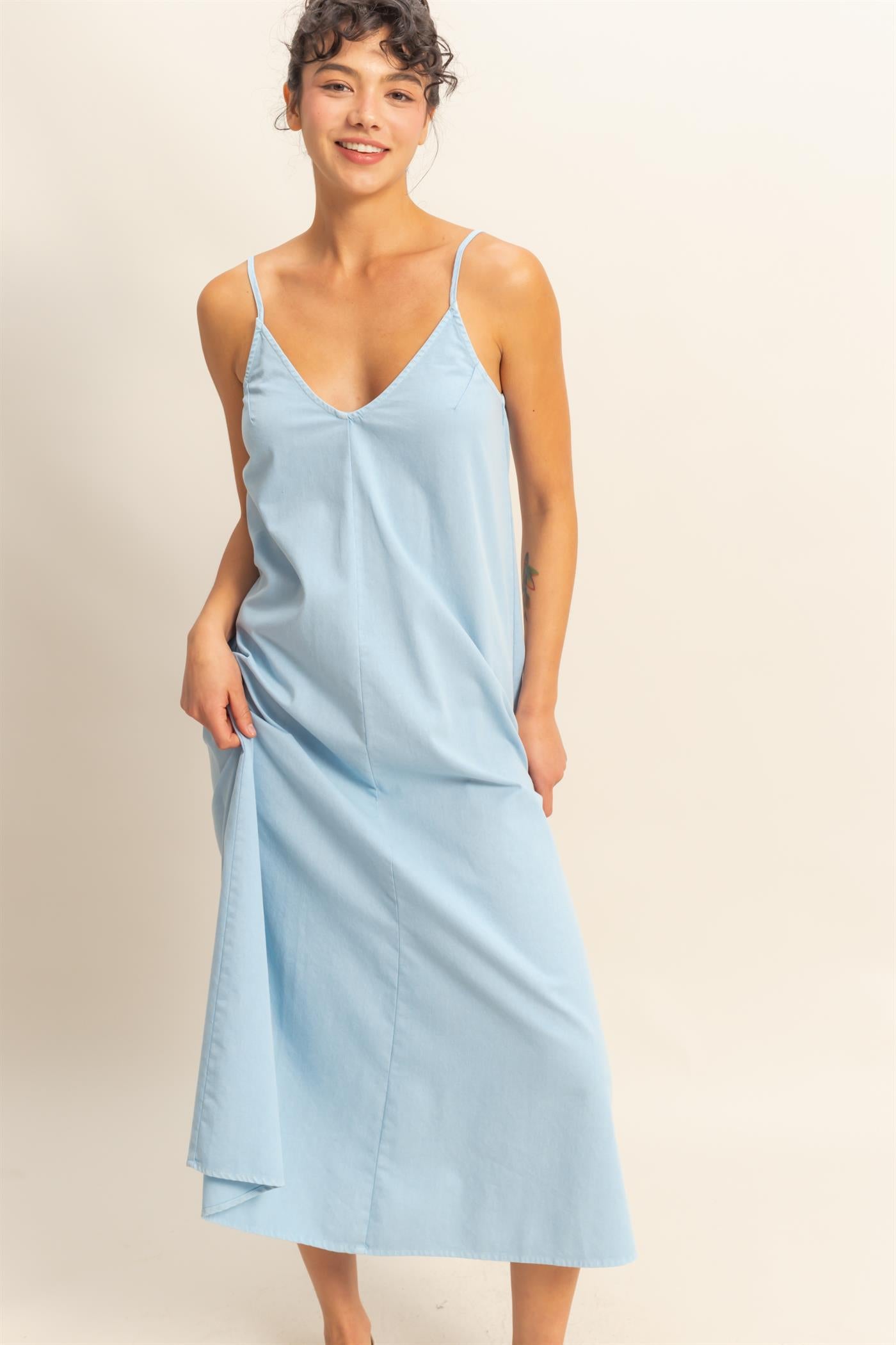 Wholesale Dyed V-Neck Loose Maxi Dress Dresses DZ24C964 BABY BLUE DOUBLE ZERO