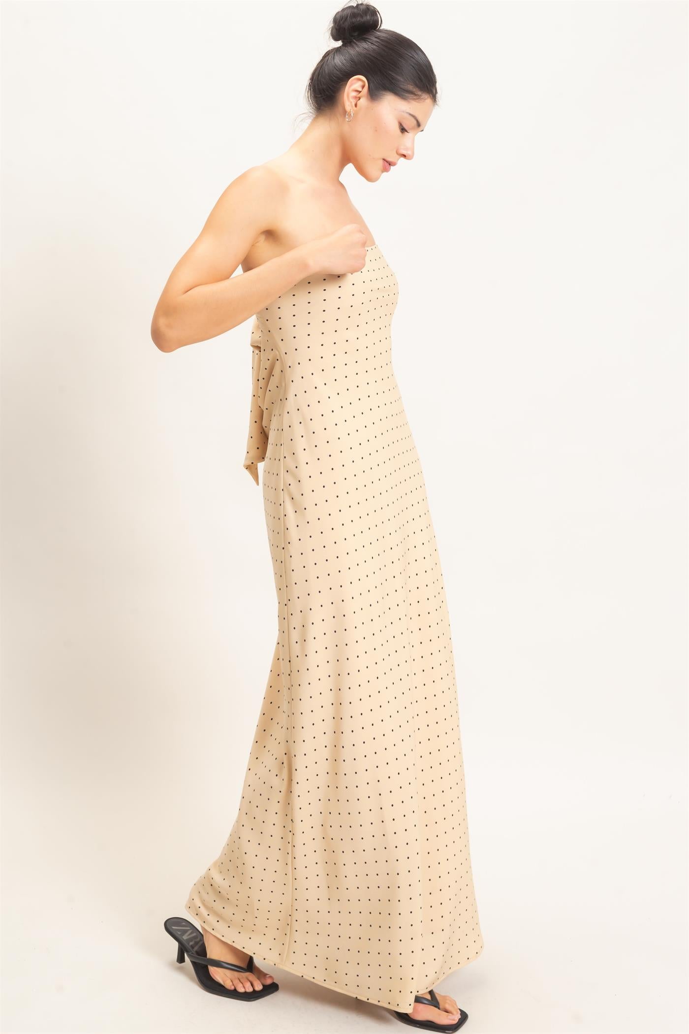 Wholesale Strapless Polka Dot Maxi Dress Dresses HF26E845 BEIGE HYFVE