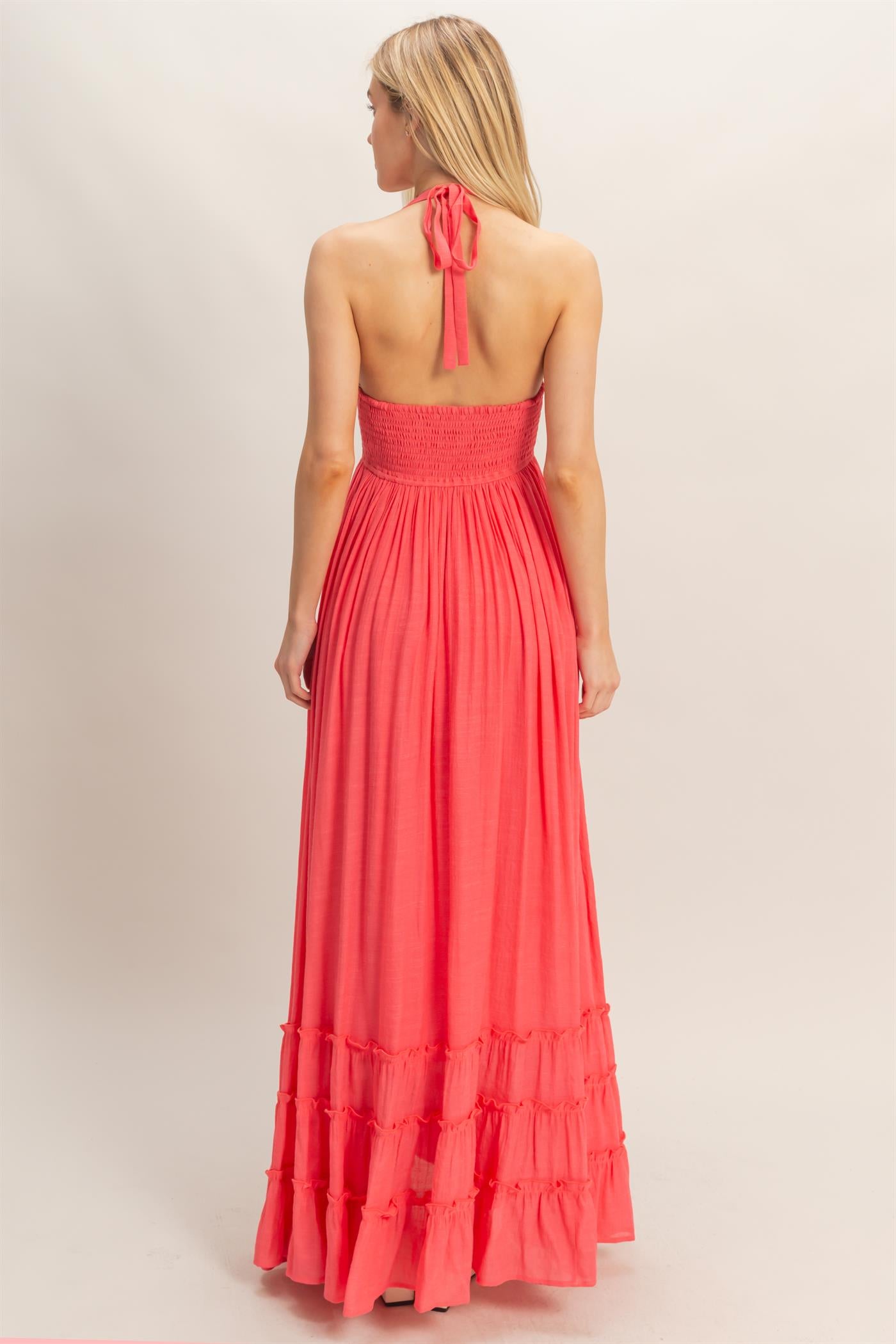 Wholesale Halter Neck Smocked Maxi Dress Dresses HF26C287-D CORAL RED HYFVE