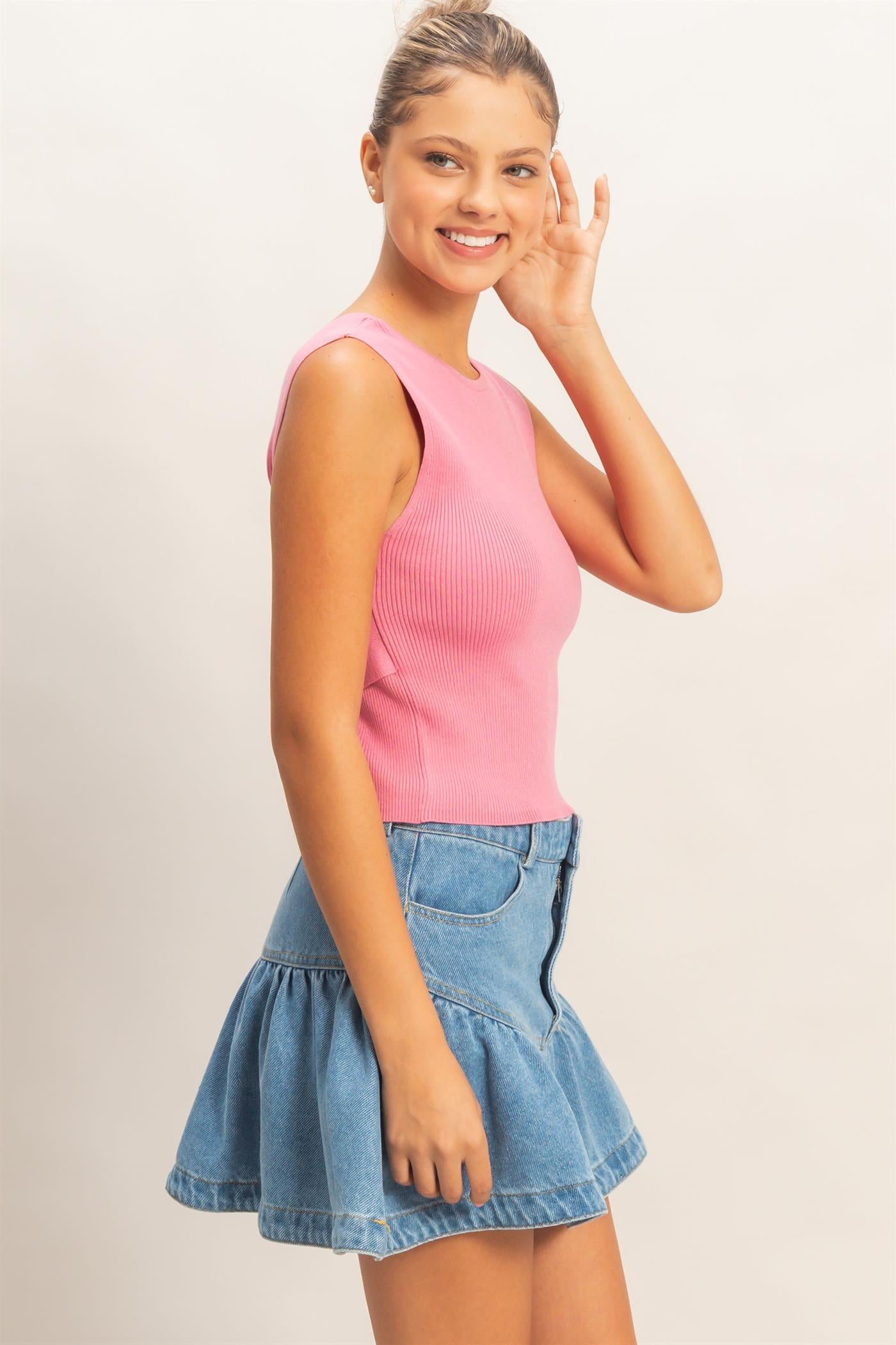 Wholesale Ribbed Crew Neck Sleeveless Open Back Top Clothing Tops DZ26C692 PINK DOUBLE ZERO