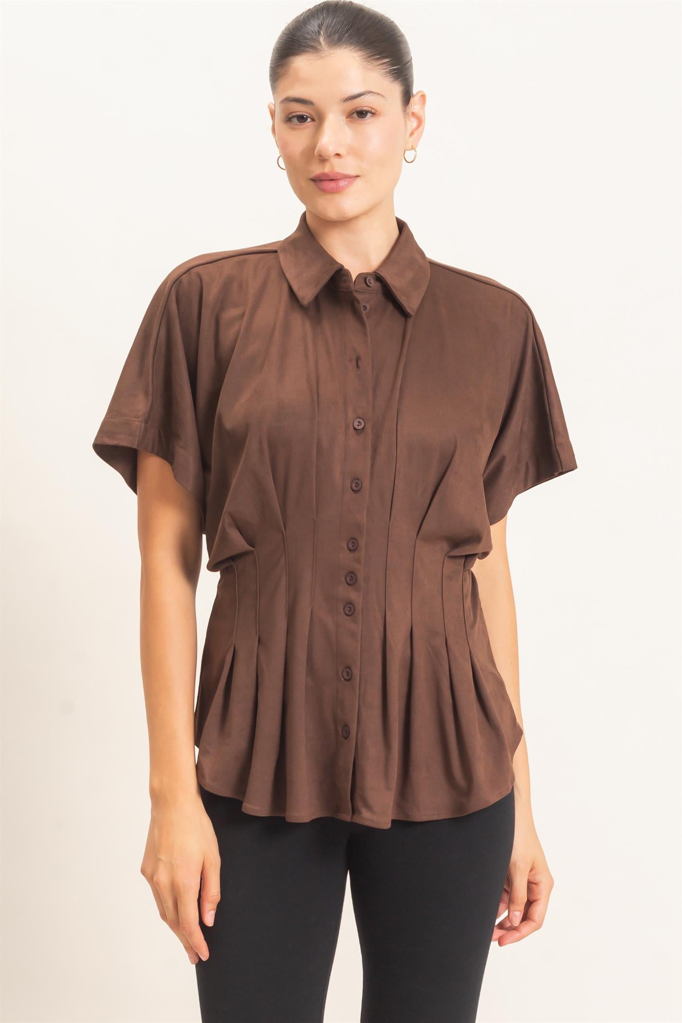 Wholesale Suede Button-Down Blouse Blouses HF26E651 CHESTNUT HYFVE