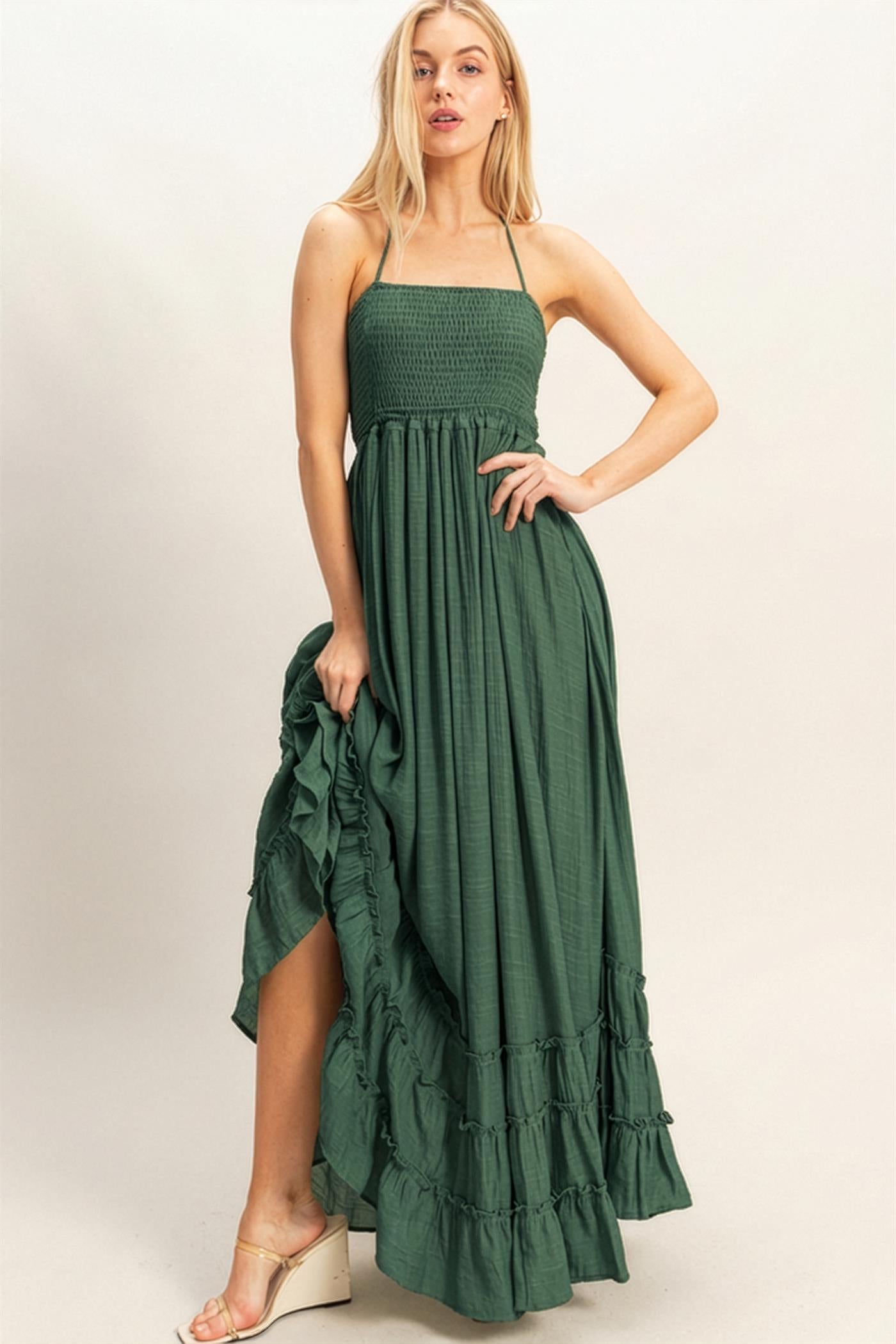 Wholesale Smocked Halter Maxi Dress Dresses HF26C290-D HUNTER GREEN HYFVE