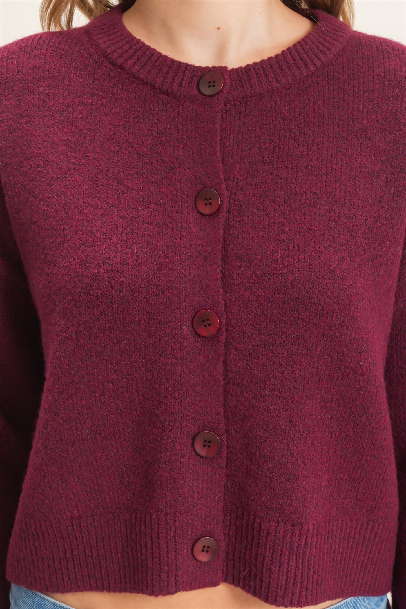 Wholesale Crew Neck Cardigan Sweater Cardigans HF26E226-D BURGUNDY HYFVE