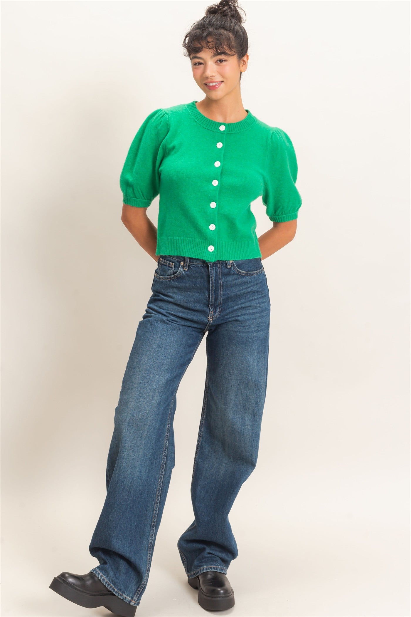 Wholesale Button Front Puff Short Sleeve Cardigan Cardigans DZ26C960 EMERALD DOUBLE ZERO