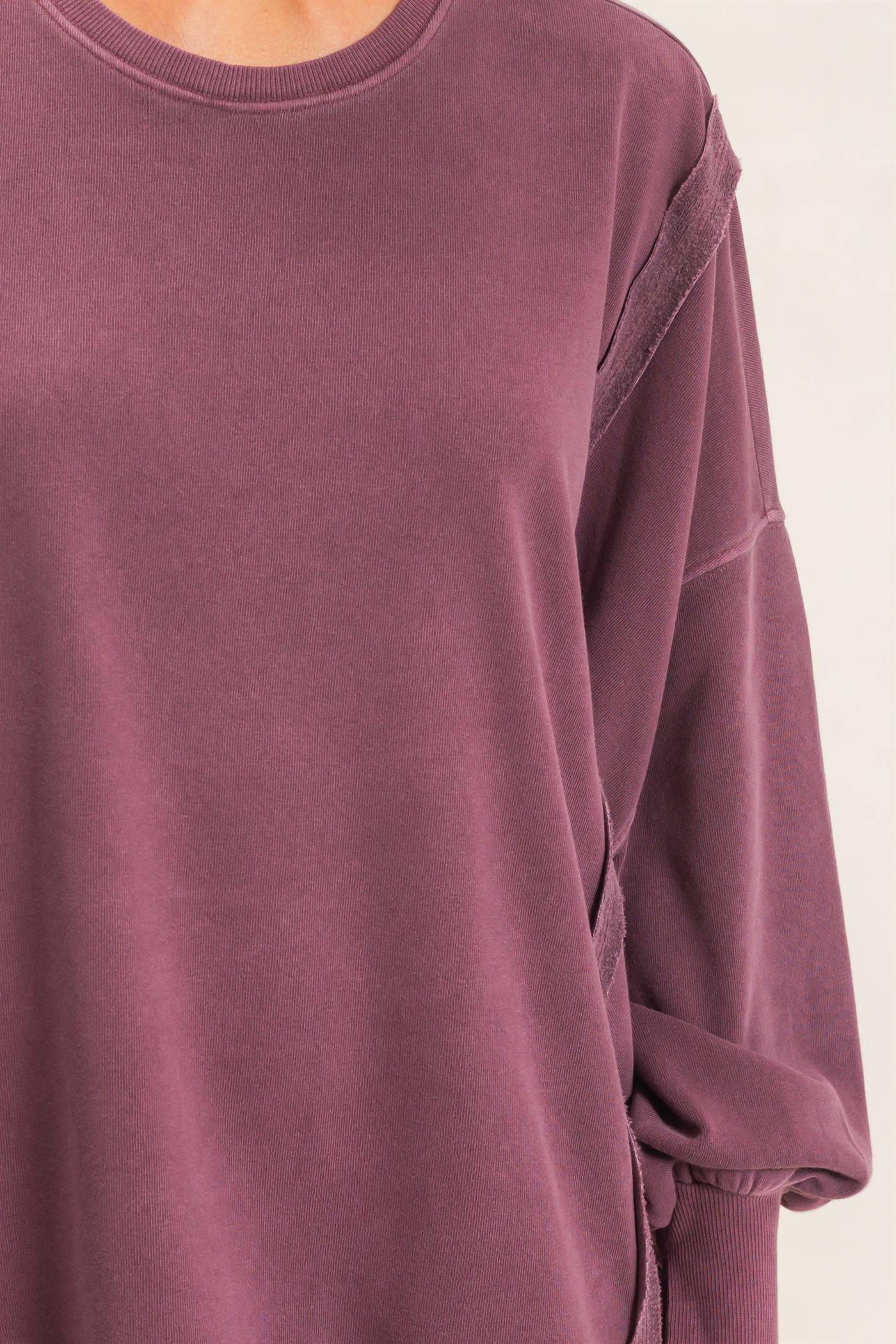 Wholesale Pigment  Dye Oversized Raw Edge Sweatshirt Sweatshirts DZ26C737 DARK CHERRY DOUBLE ZERO