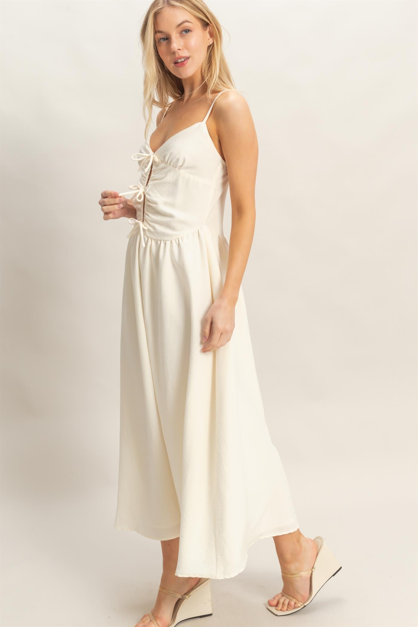 Wholesale Spaghetti Strap Ruched Dress Dresses HF26A011 CREAM HYFVE