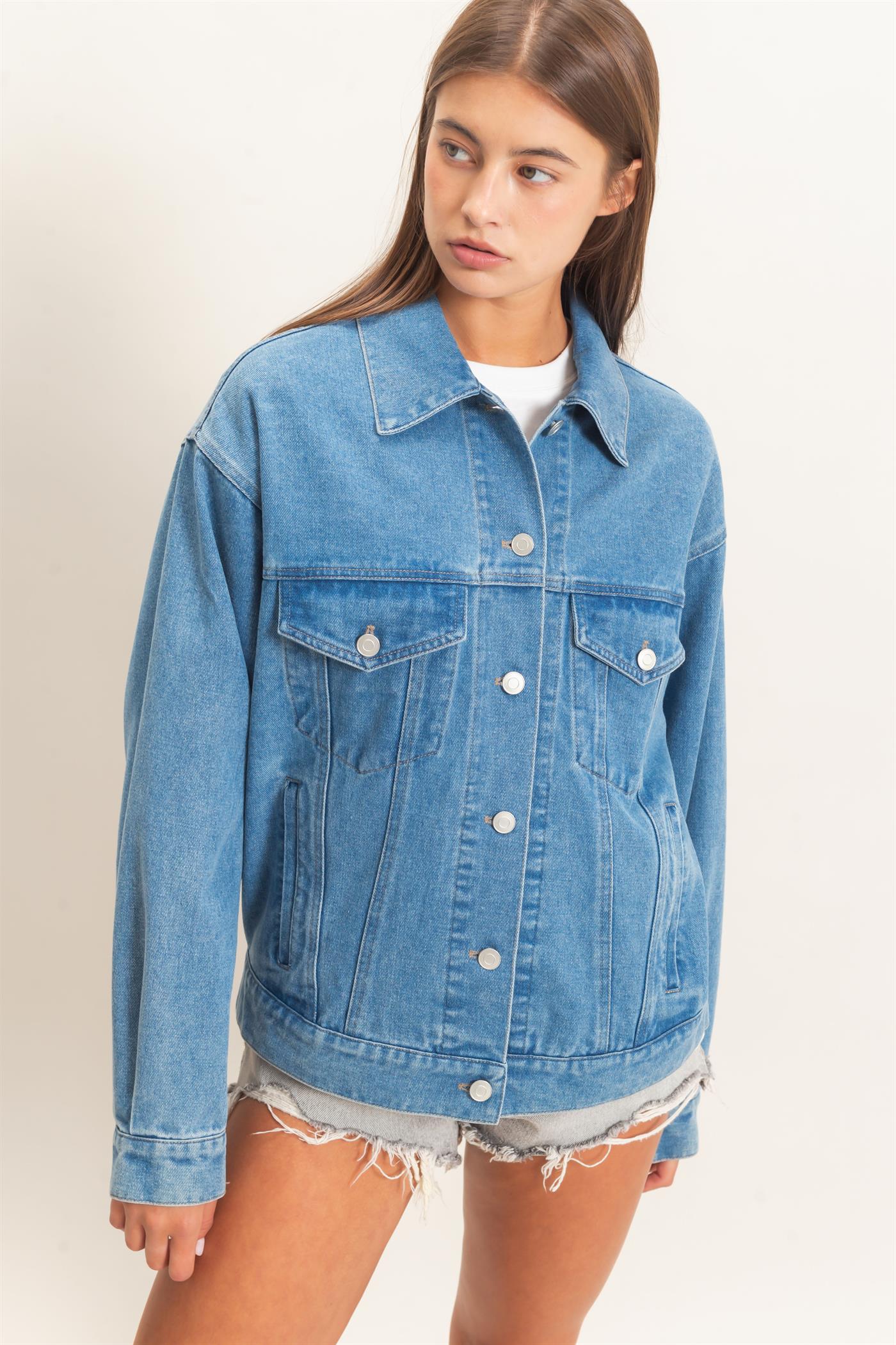 Wholesale Oversized Denim Trucker Jacket Coats & Jackets DZ26E804 MEDIUM BLUE DOUBLE ZERO