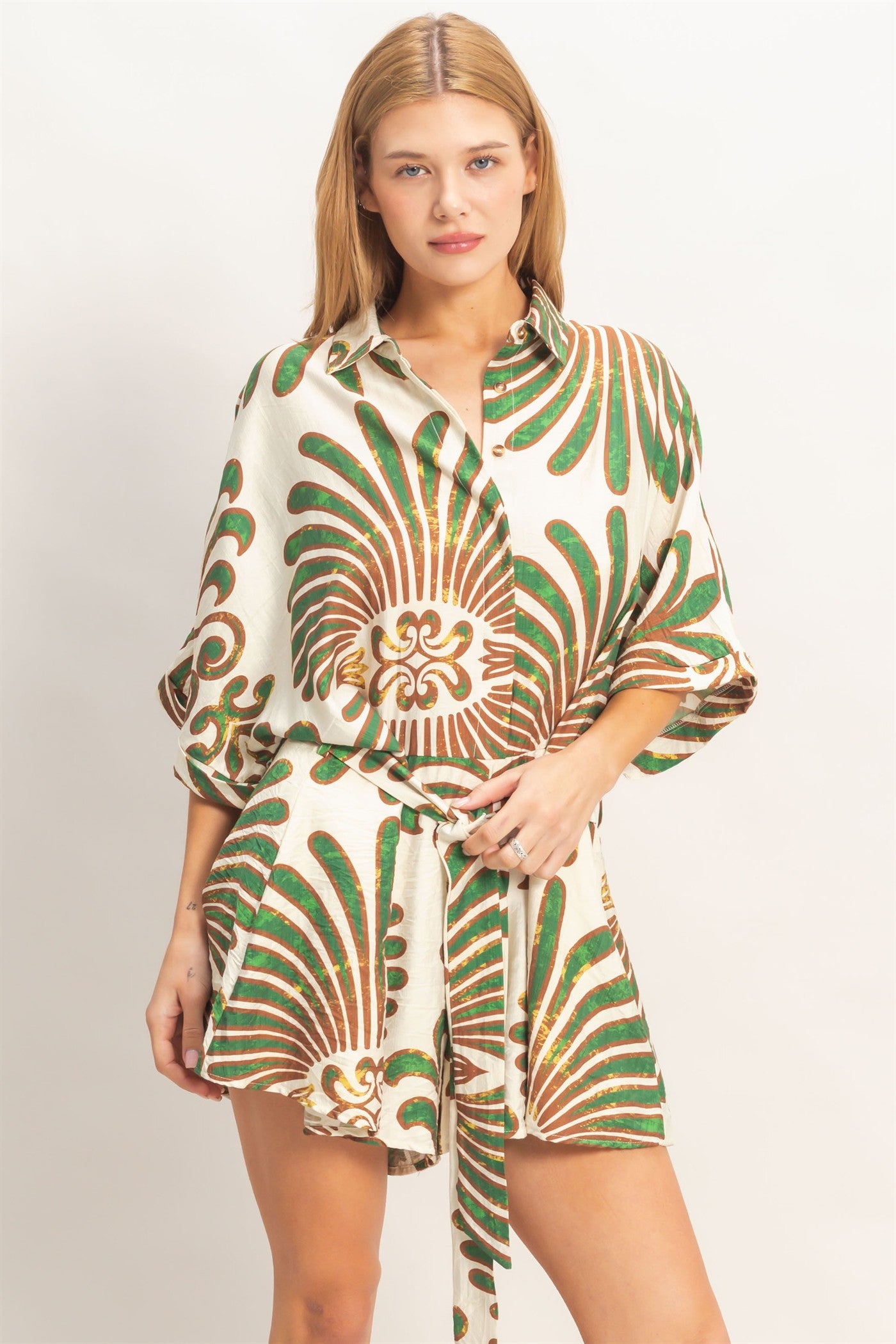 Wholesale Button-Down Print Romper Clothing HF26A003 GREEN HYFVE