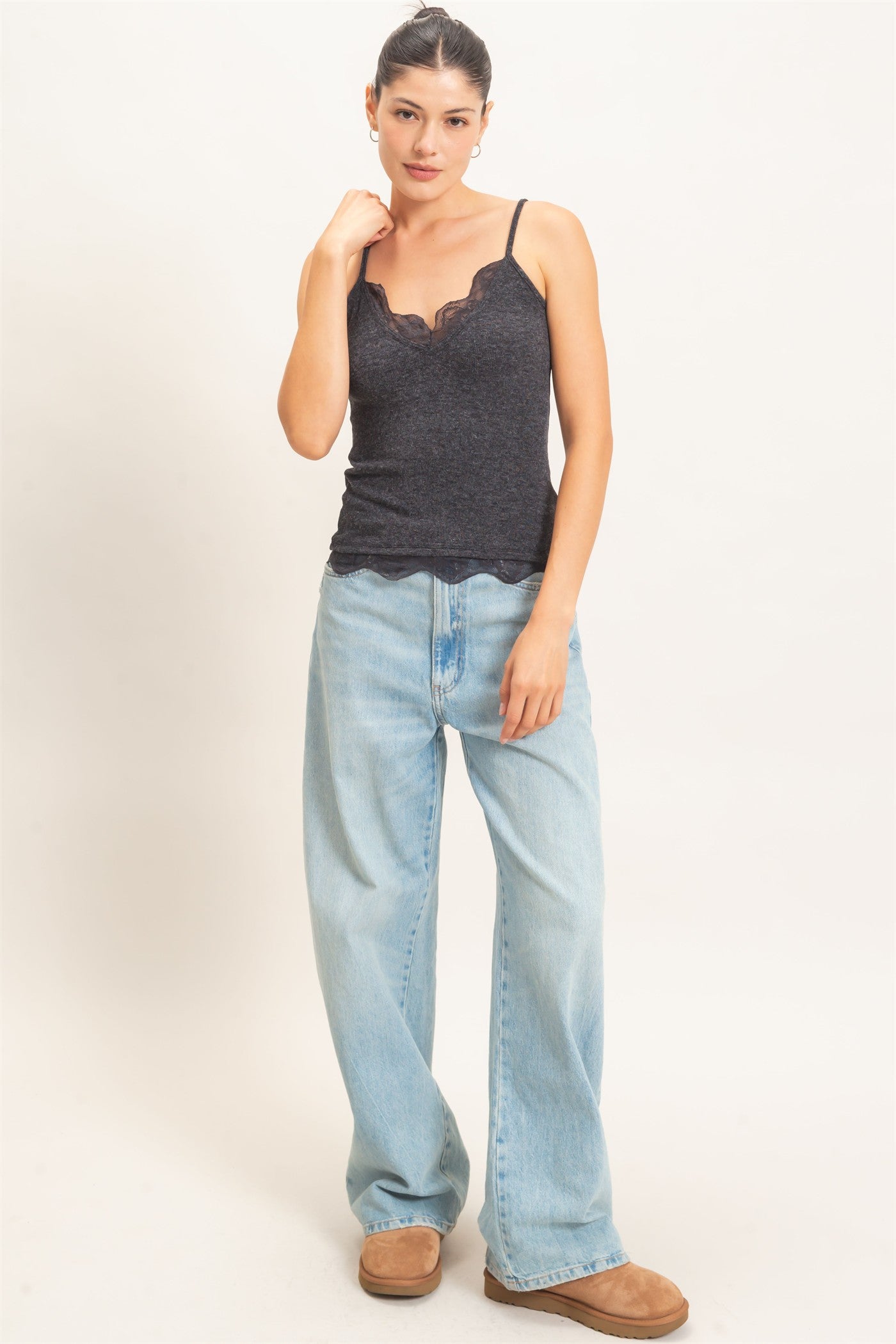 Wholesale Knit Lace Trim Camisole Tank Tops HF26E014 CHARCOAL HYFVE