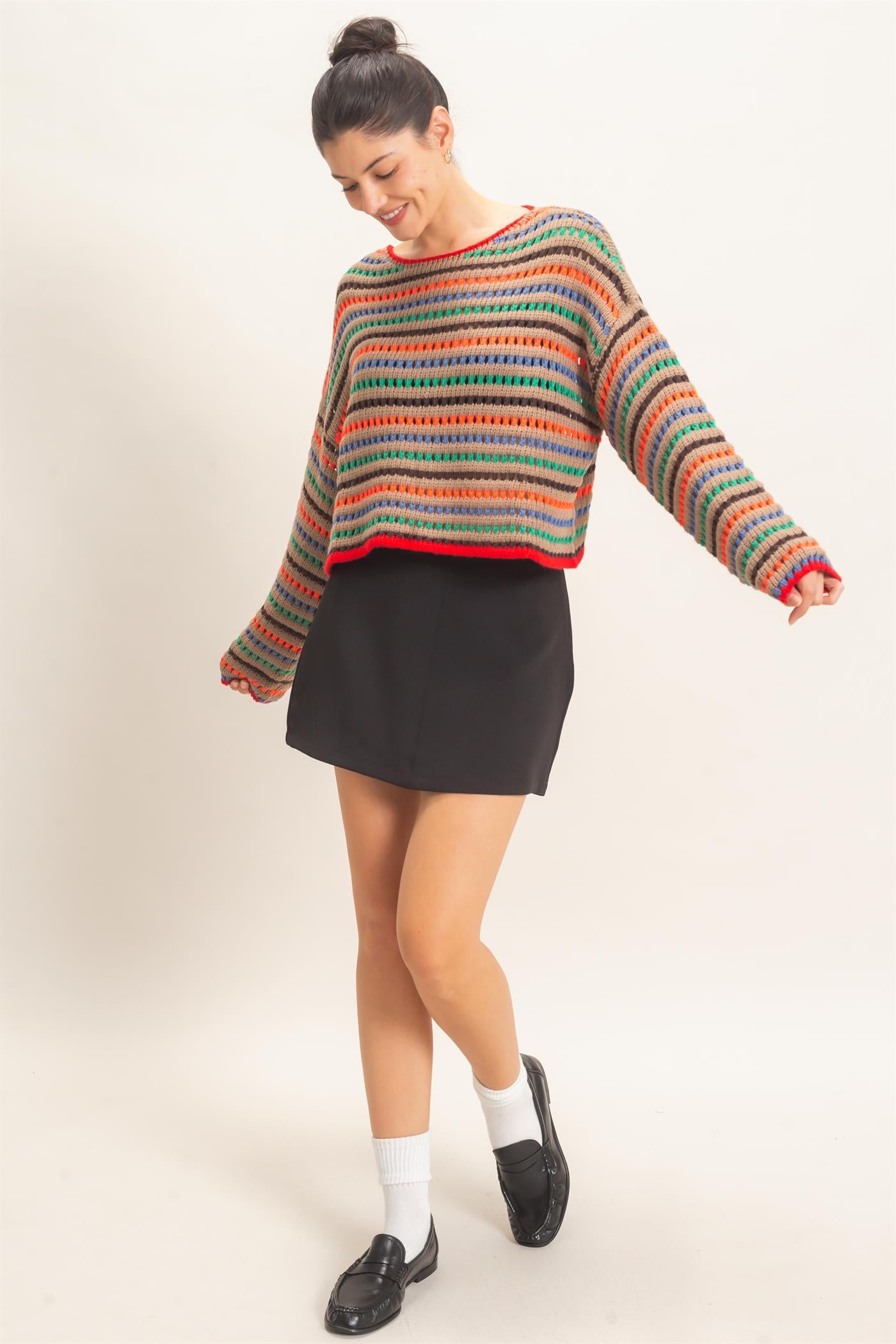 Wholesale Striped Knit Sweater Sweaters HF26F189 MOCHA HYFVE