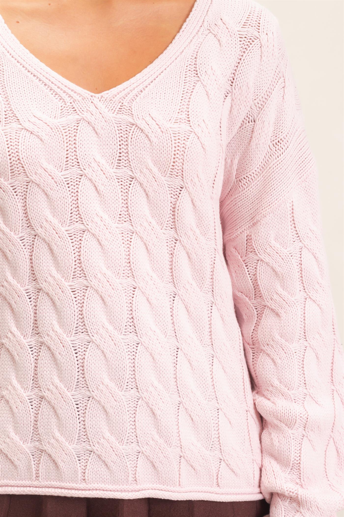 Wholesale Cable Knit V-Neck Sweater Sweaters DZ26E087 LIGHT PINK DOUBLE ZERO