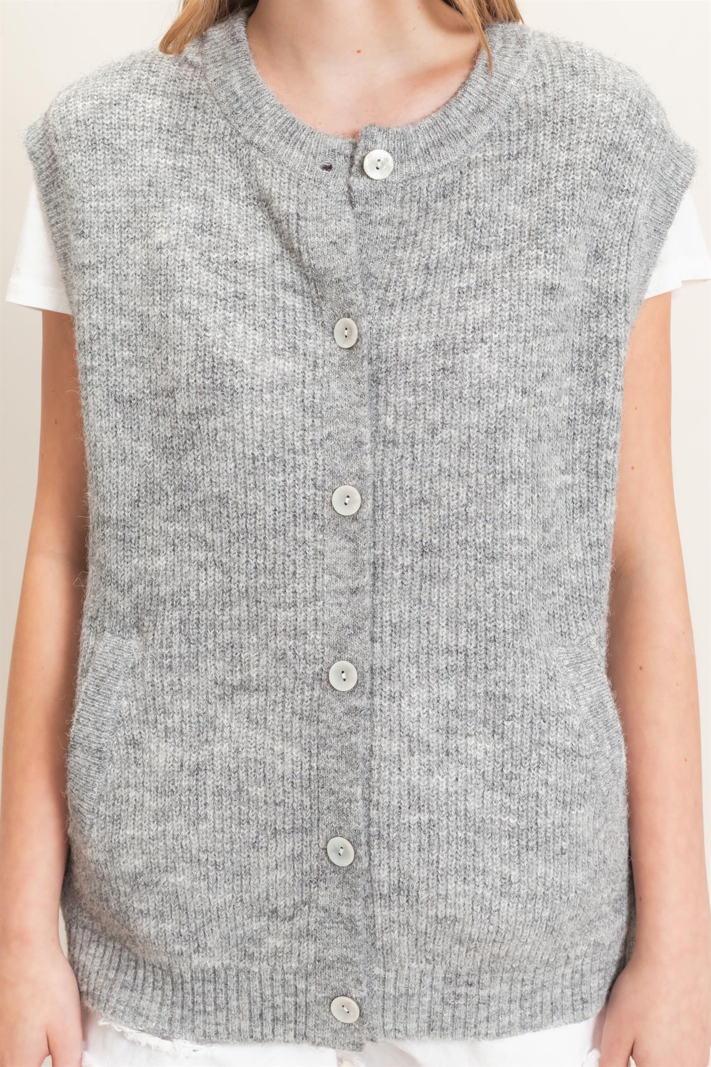 Wholesale Sleeveless Button-Up Sweater Vest Sweaters HF26E304 HEATHER GRAY HYFVE