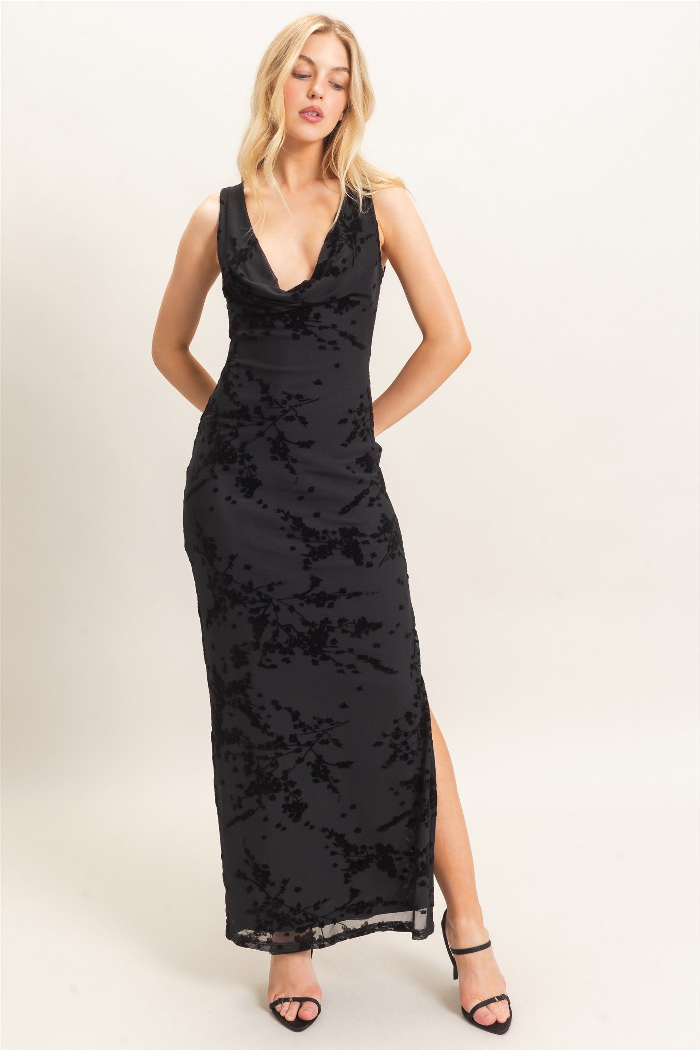 Wholesale Draped Cowl Neck Sleeveless Dress Dresses HF26C728 BLACK HYFVE