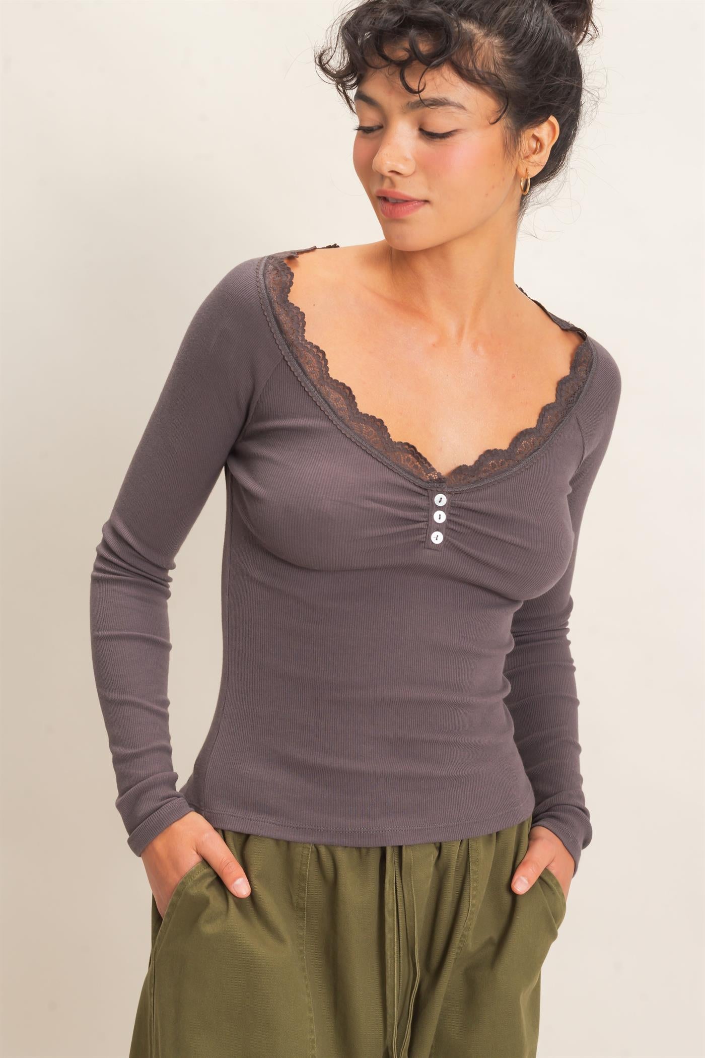 Wholesale Lace-Trim Henley Top Clothing Tops DZ26E325 CHARCOAL DOUBLE ZERO