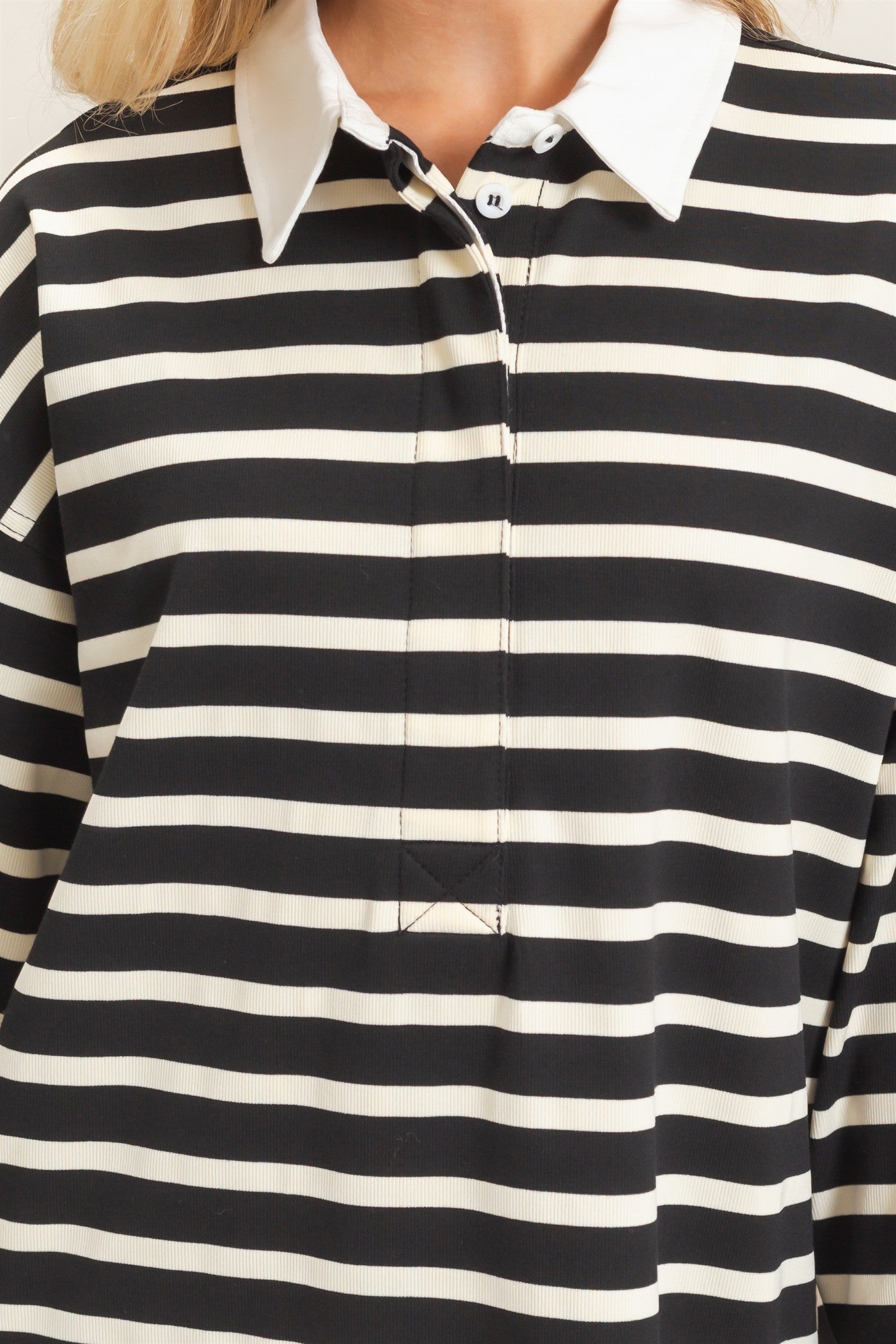 Wholesale Striped Polo Long Sleeve Top Clothing Tops HF26F078 BLACK/CREAM HYFVE