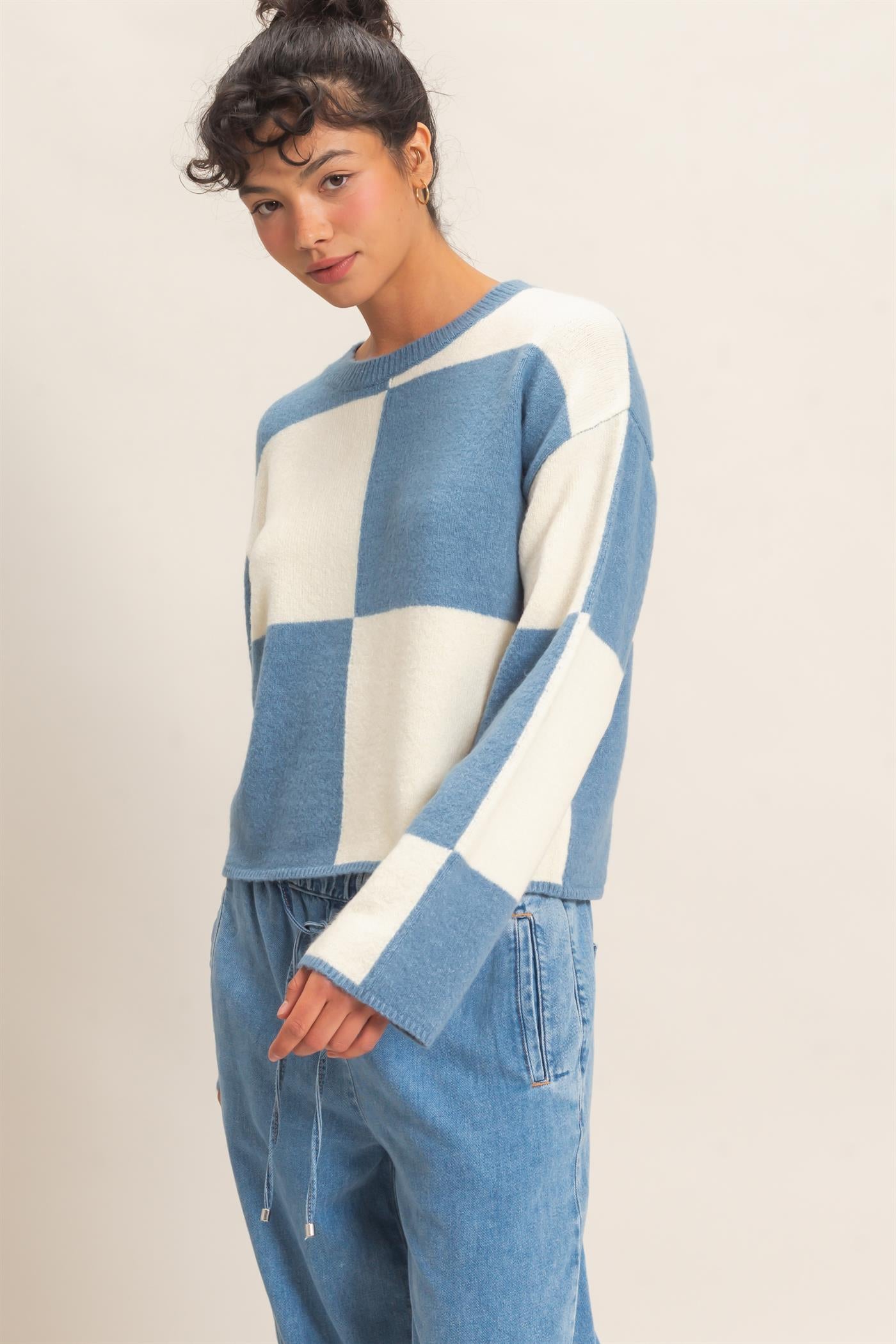 Wholesale Crew Neck Checkered Sweater Sweaters DZ26C980 DUSTY BLUE DOUBLE ZERO