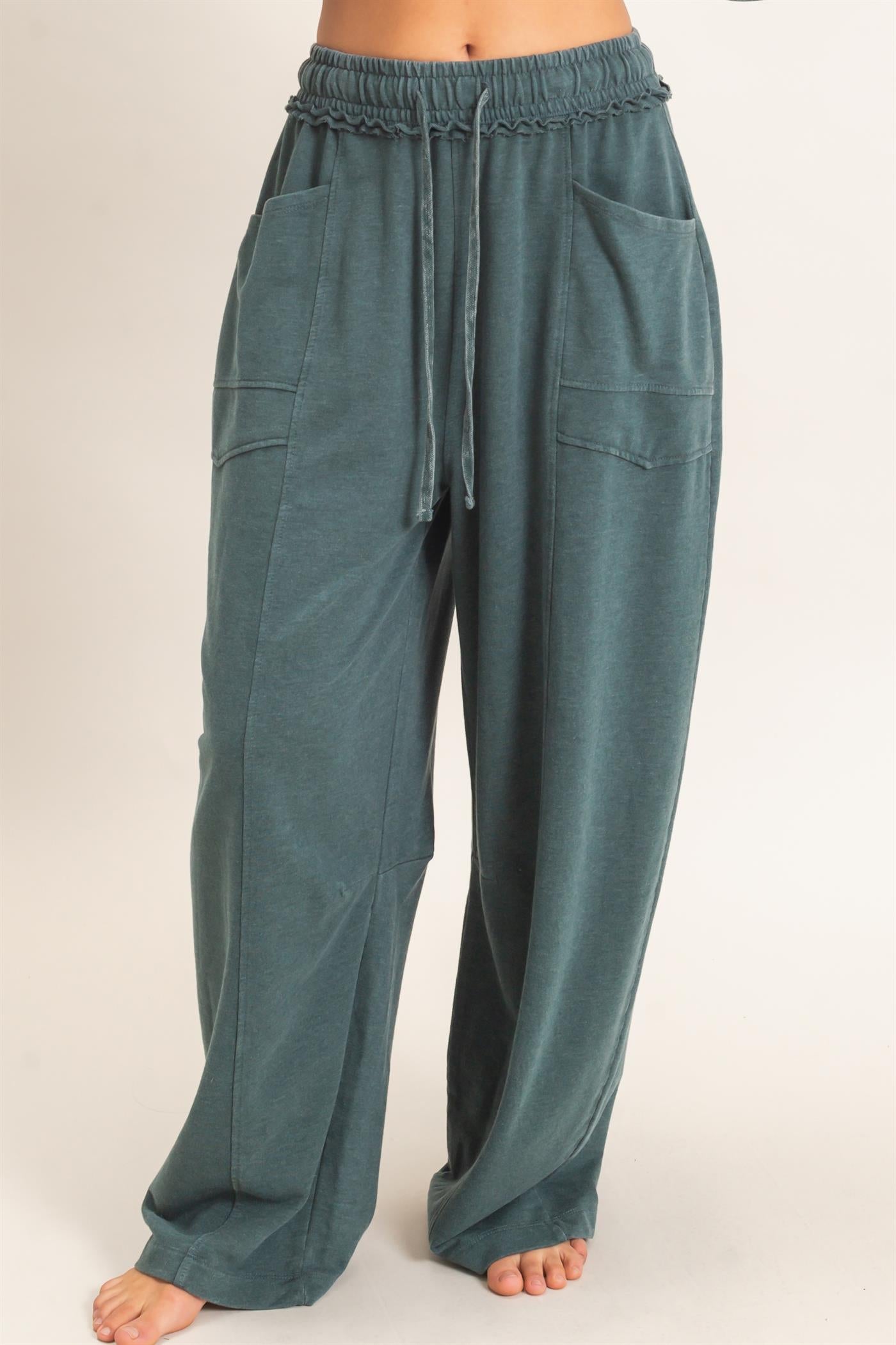 Wholesale Mineral Washed Barrel Sweatpants Pants DZ26F246 DARK GREEN DOUBLE ZERO