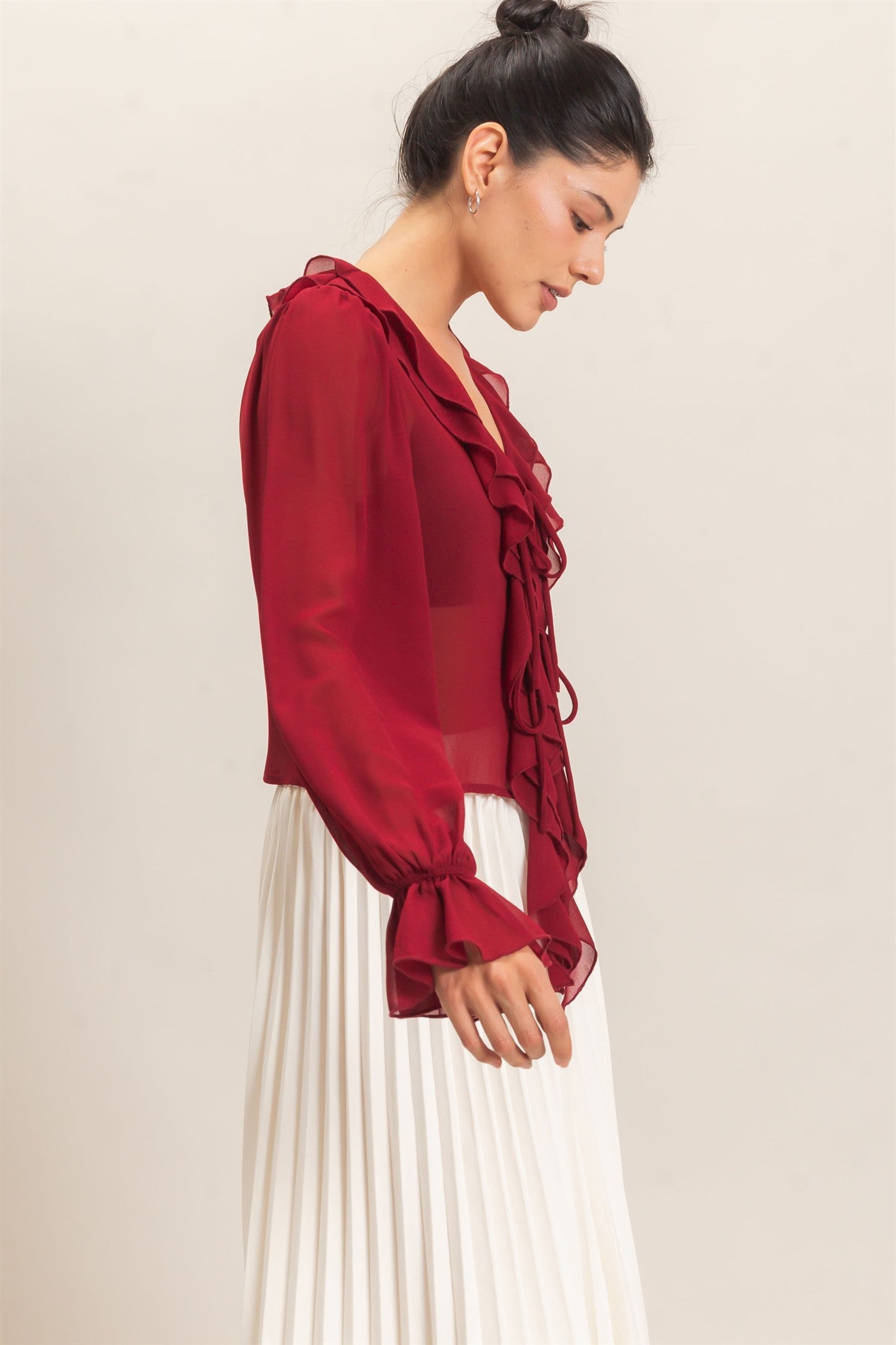 Wholesale Ruffled V-Neck Blouse Blouses HF26F066 BURGUNDY HYFVE