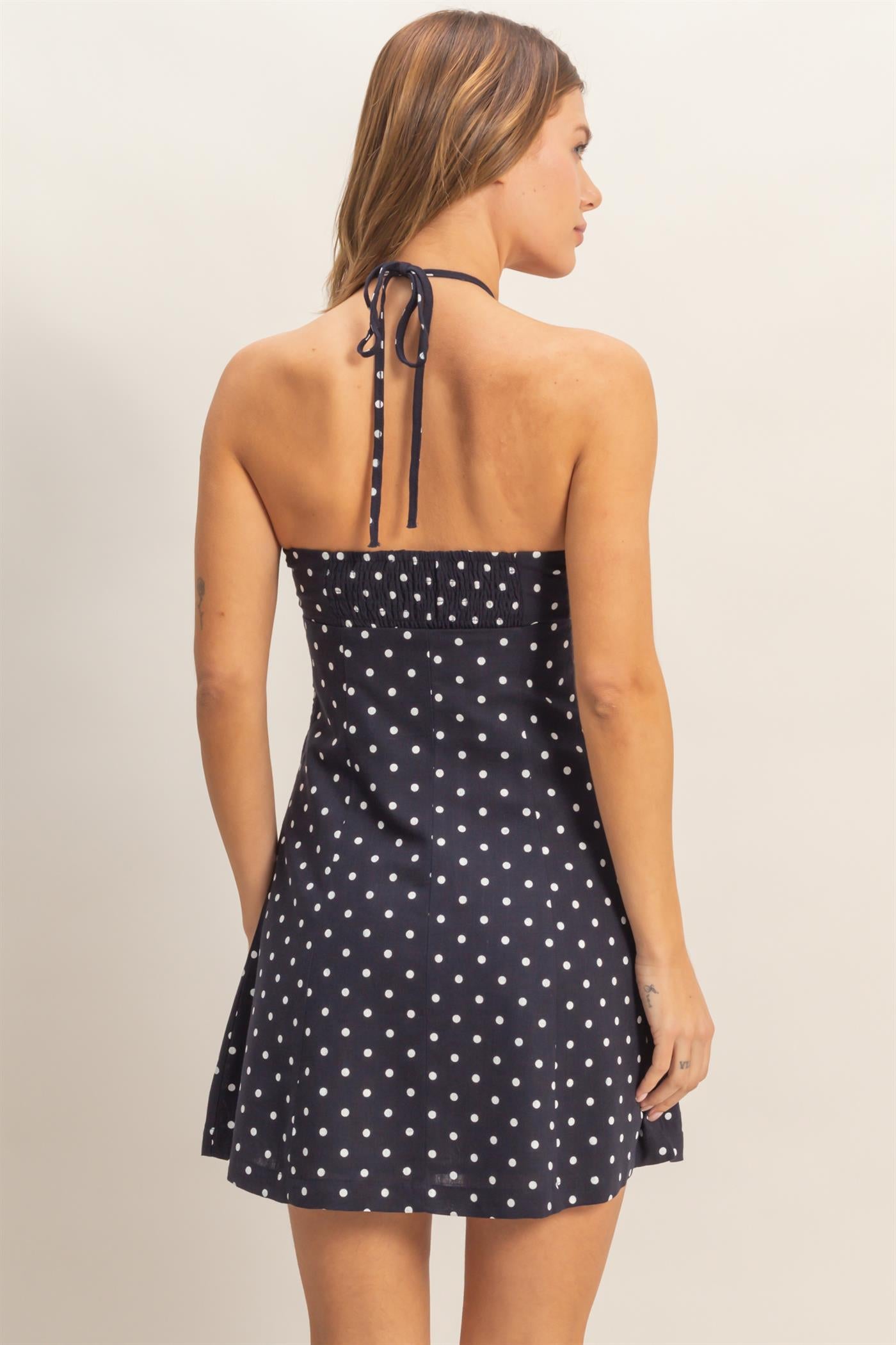 Wholesale Ruched Halter Polka Dot Mini Dress Dresses HF26C278-D NAVY HYFVE
