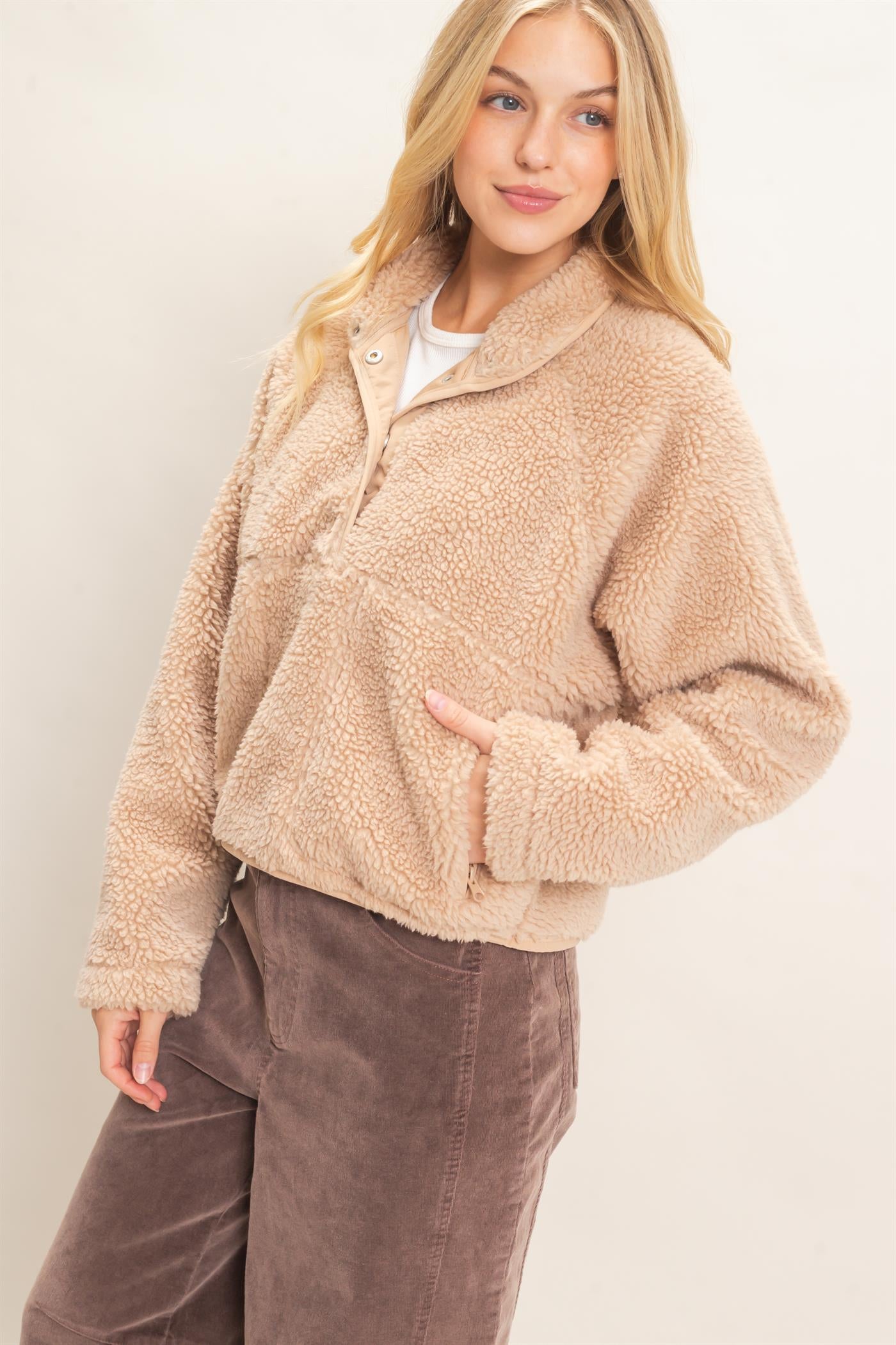 Wholesale Half-Zip Sherpa Jacket Sweatshirts HF26F130-D BEIGE HYFVE