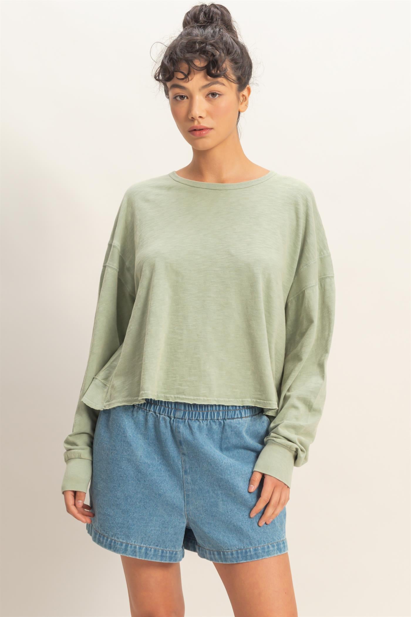 Wholesale Cross Detail Open Back Long-Sleeve Top Clothing Tops DZ26C731 SAGE GREEN DOUBLE ZERO