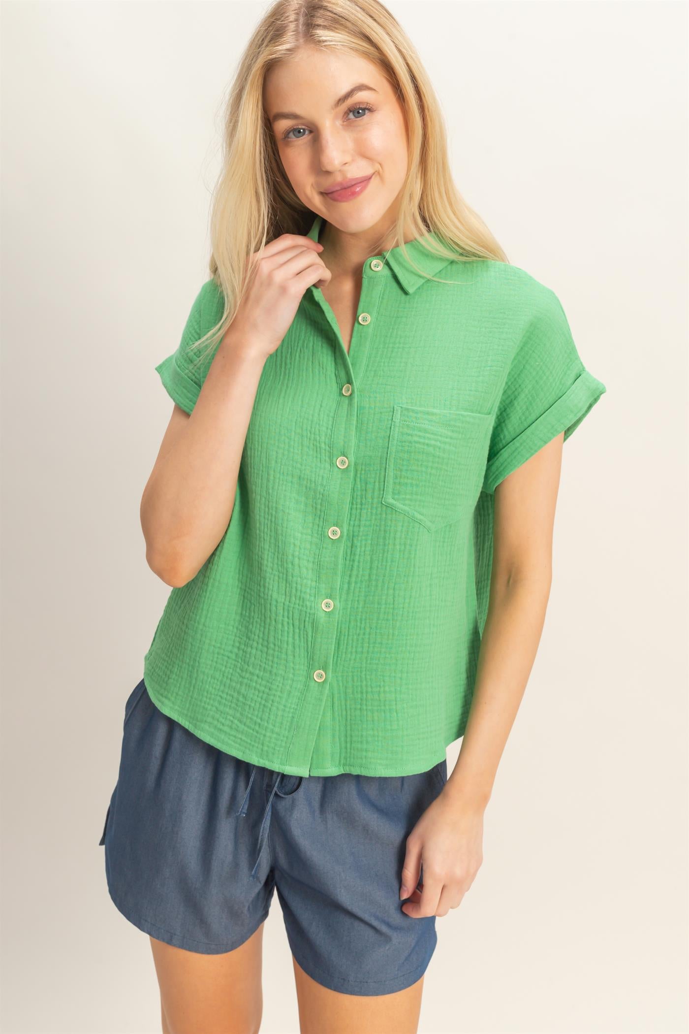 Wholesale Rolled Sleeve Button-Up Top Clothing Tops HF26E526 GREEN HYFVE