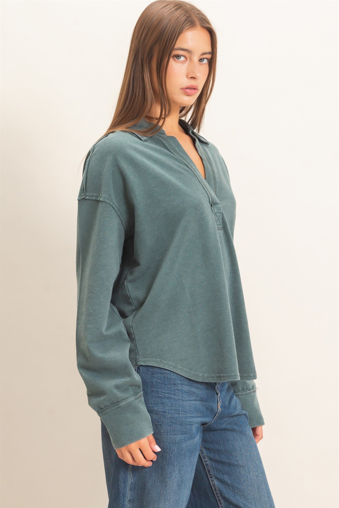 Wholesale Mineral Washed Polo Collar Long Sleeve Top Polos DZ26E887 DARK GREEN DOUBLE ZERO