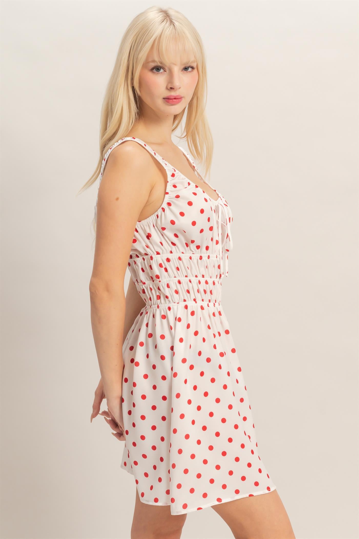 Wholesale Satin Polka Dot Mini Dress With Tie Dresses DZ25E064 RED DOUBLE ZERO