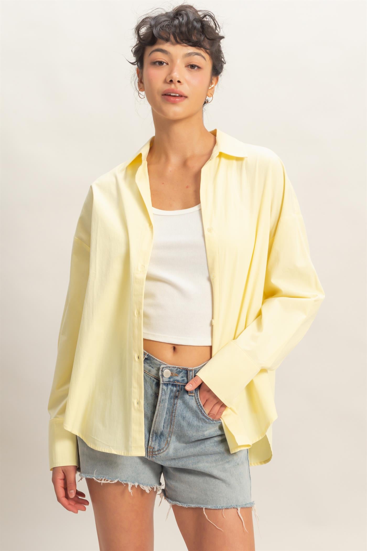Wholesale Button Up Poplin Shirt Clothing Tops DZ26A330 PALE YELLOW HYFVE