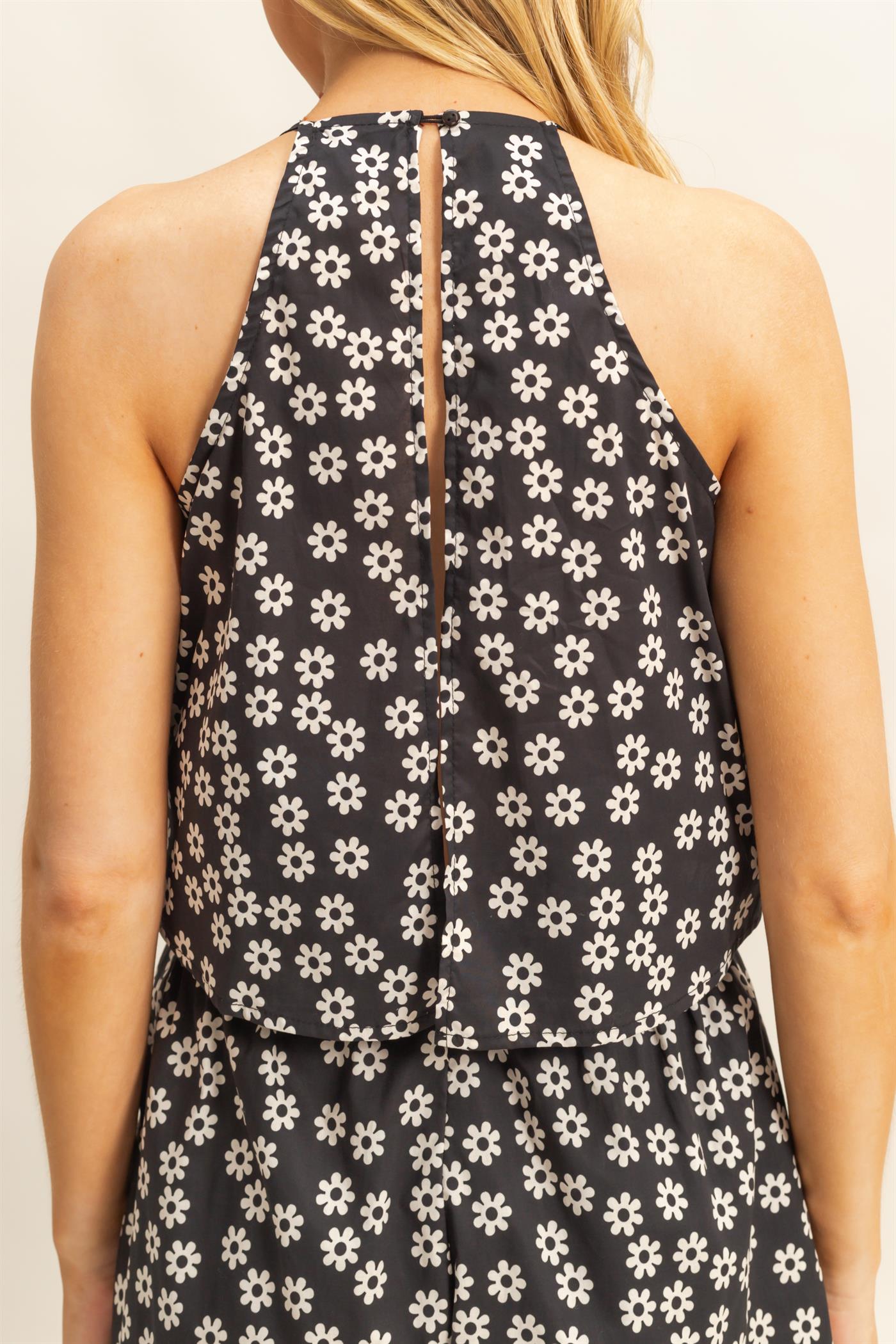 Wholesale Ditsy Print Halter Neck Open Back Romper Clothing HF25E128 BLACK HYFVE