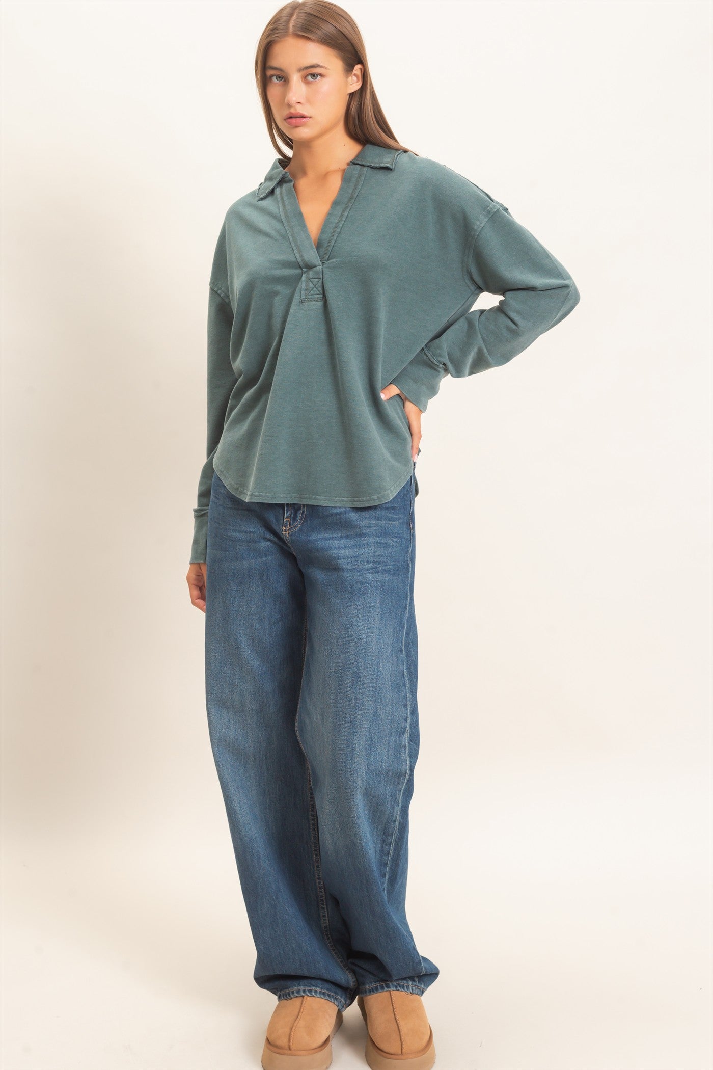 Wholesale Mineral Washed Polo Collar Long Sleeve Top Polos DZ26E887 DARK GREEN DOUBLE ZERO